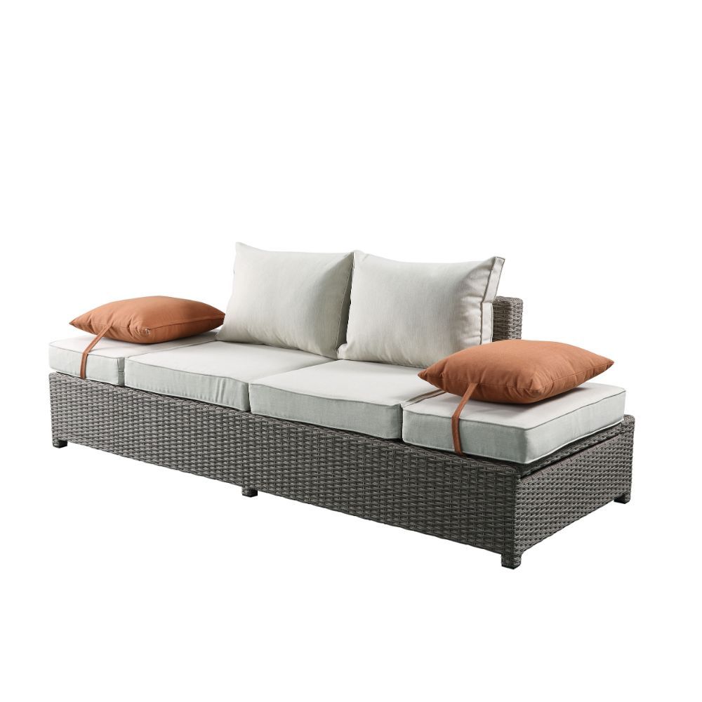Salena - Patio Sofa With 2 Pillows & Ottoman - Beige Fabric & Gray Wicker, beige, view 2