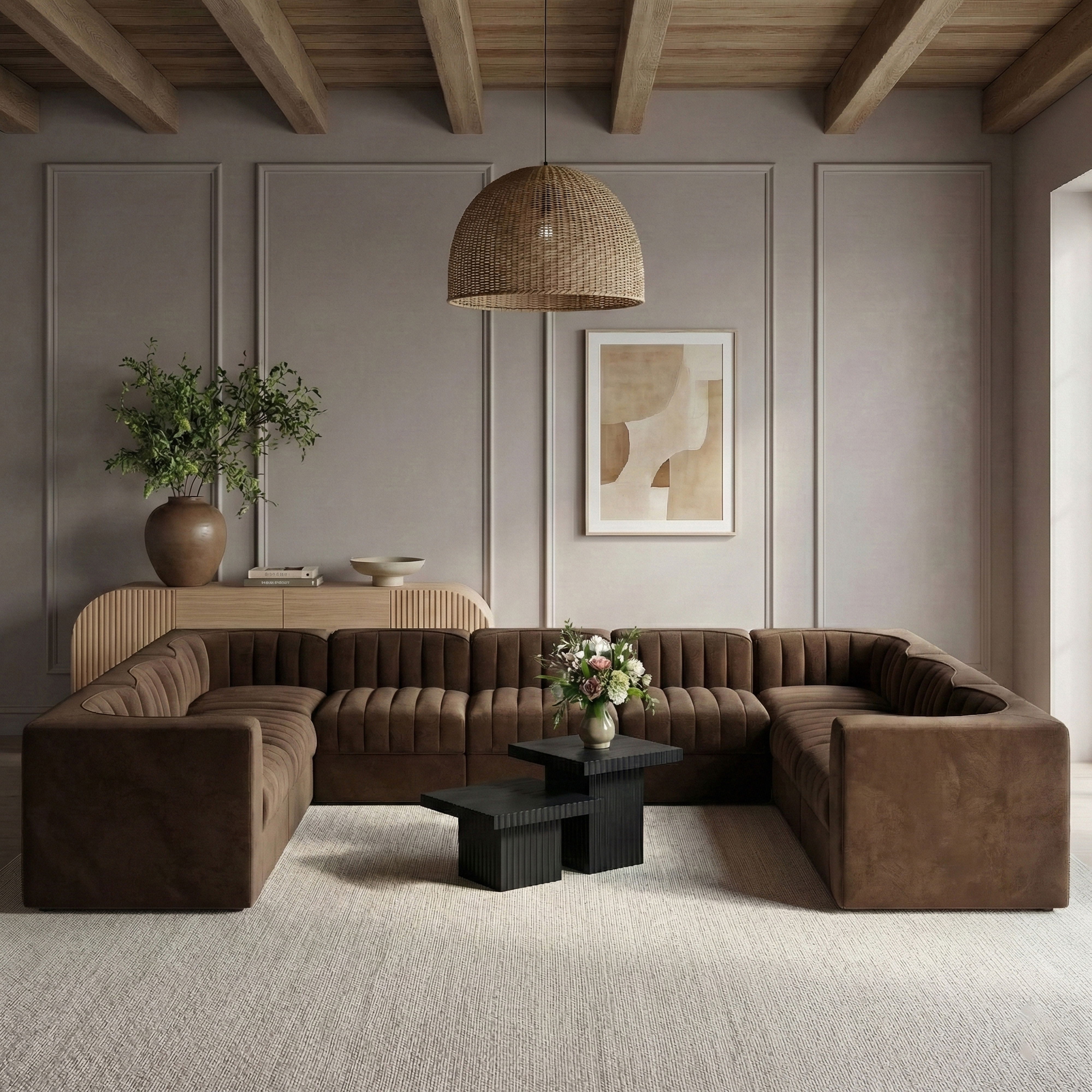Rummi - Velvet Performance Fabric Upholstered 9 Piece Modular Sectional - Brown