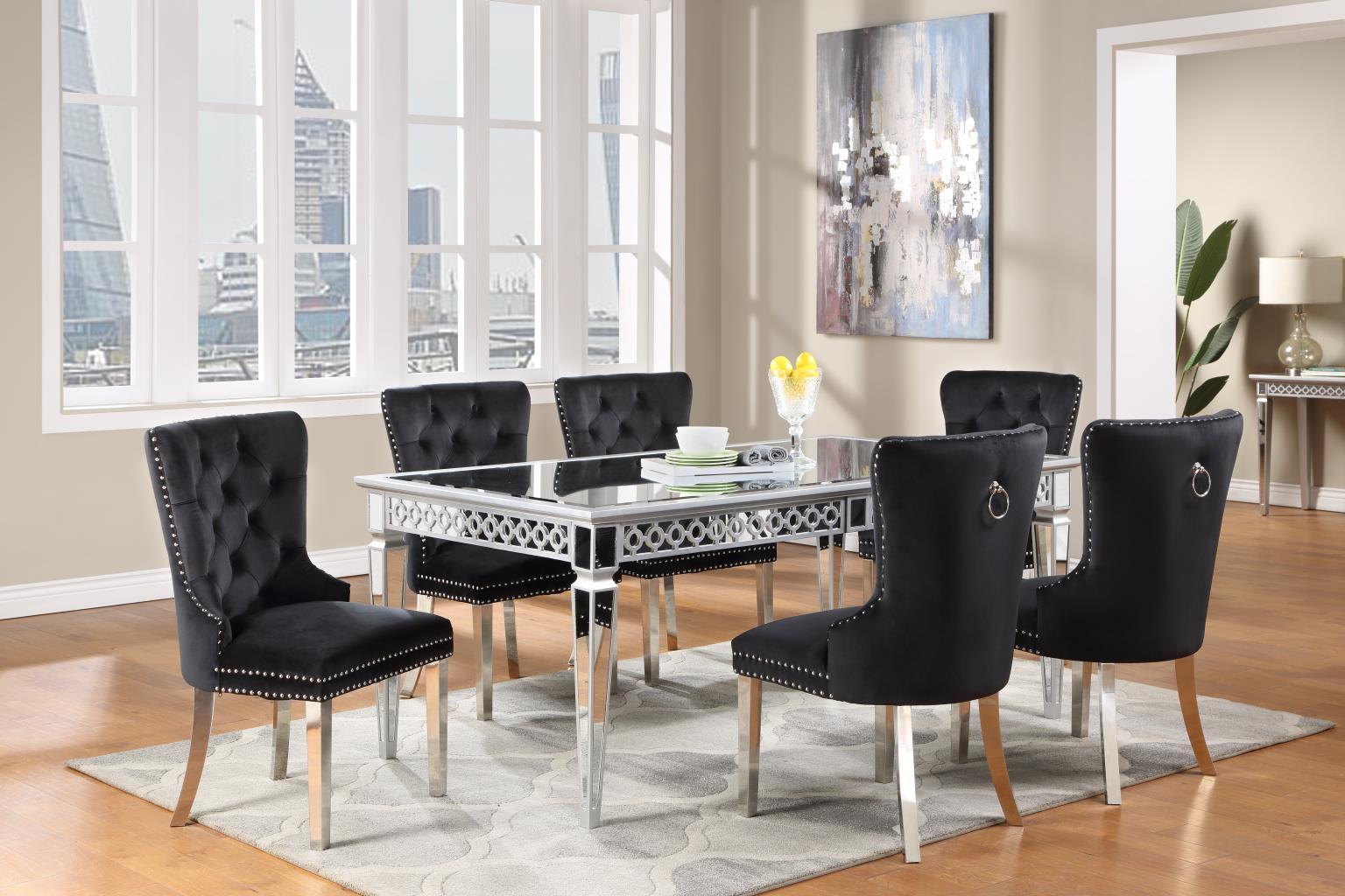 D082 - 7 Piece Dining Room Set (Table, 6 Side Chairs) - Black / Pearl Silver