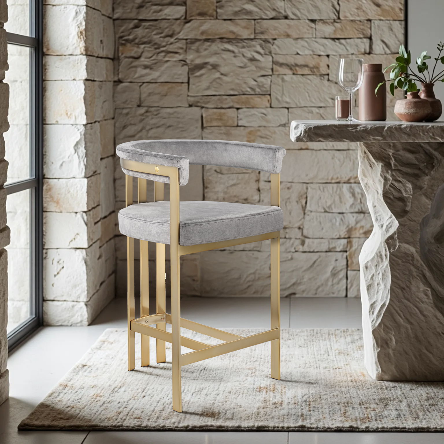 Marcello - Counter Stool With Brushed Gold Iron Frame (Set of 2) - Gray