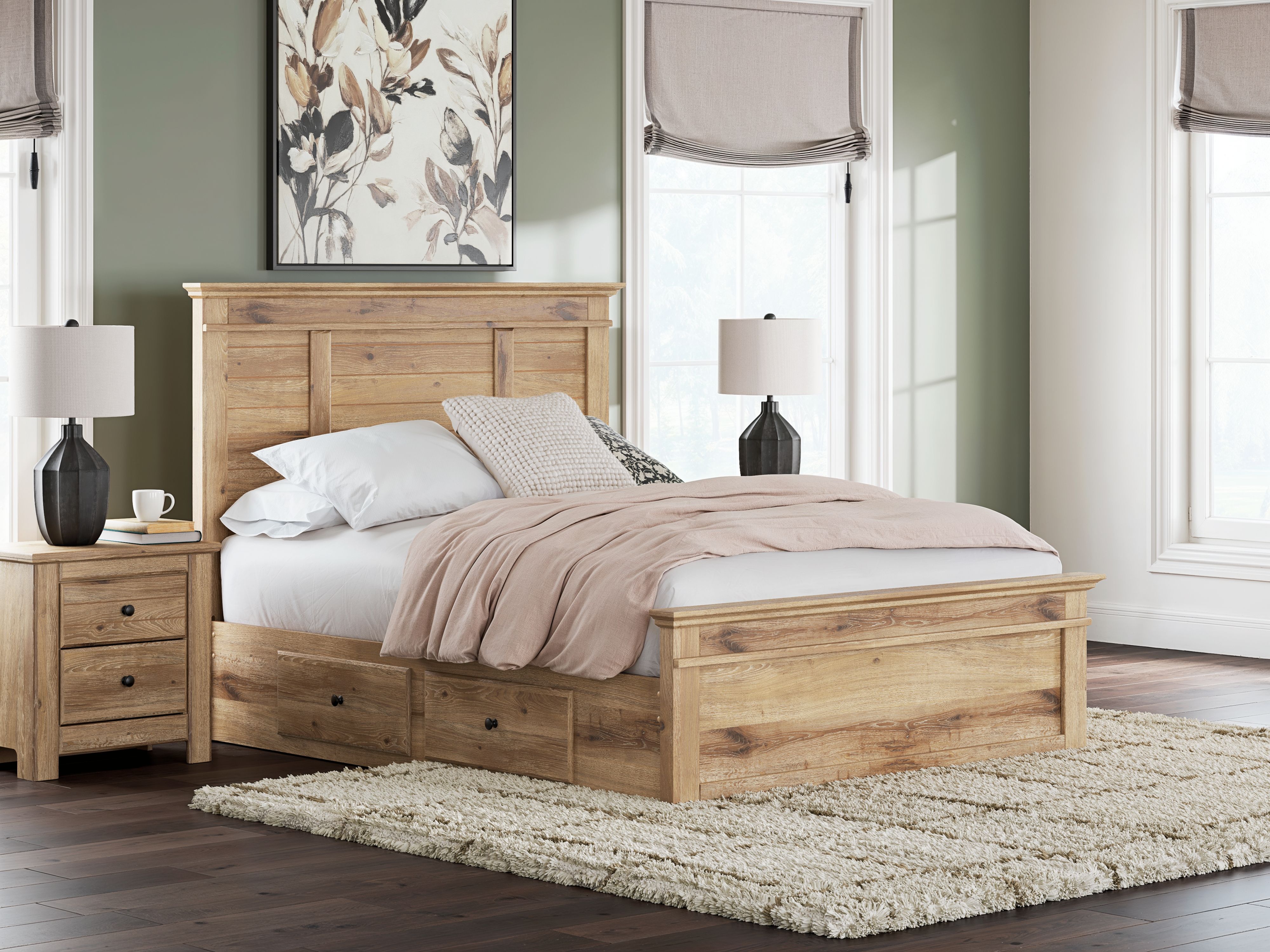 Makidern - Queen Panel Storage Bed With Under Bed Storage Unit - Tan