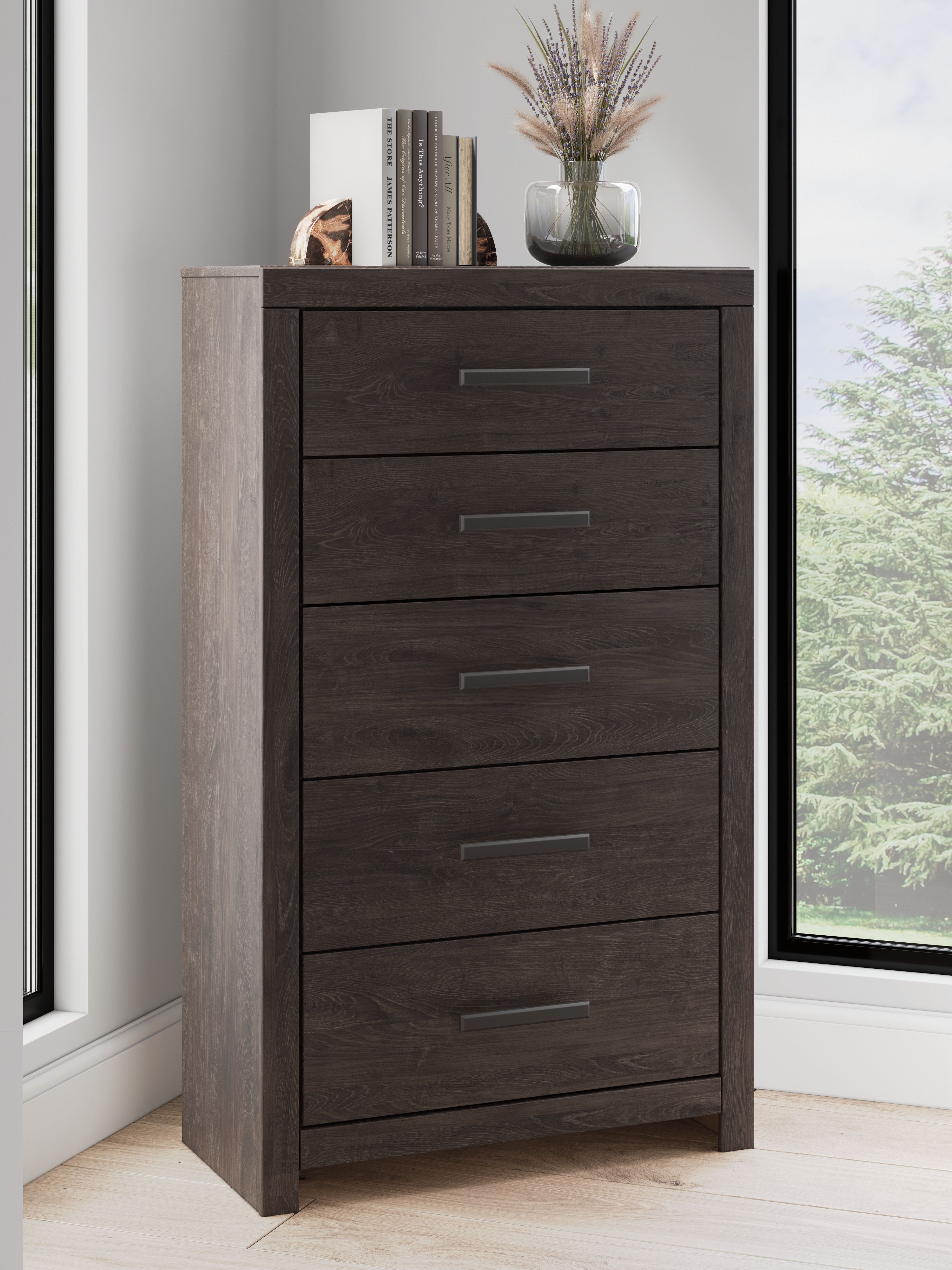 Ashley Furniture Prendonea - 5 Pc. - Dresser, Mirror, Chest, King Panel Bed - Charcoal - Image 5