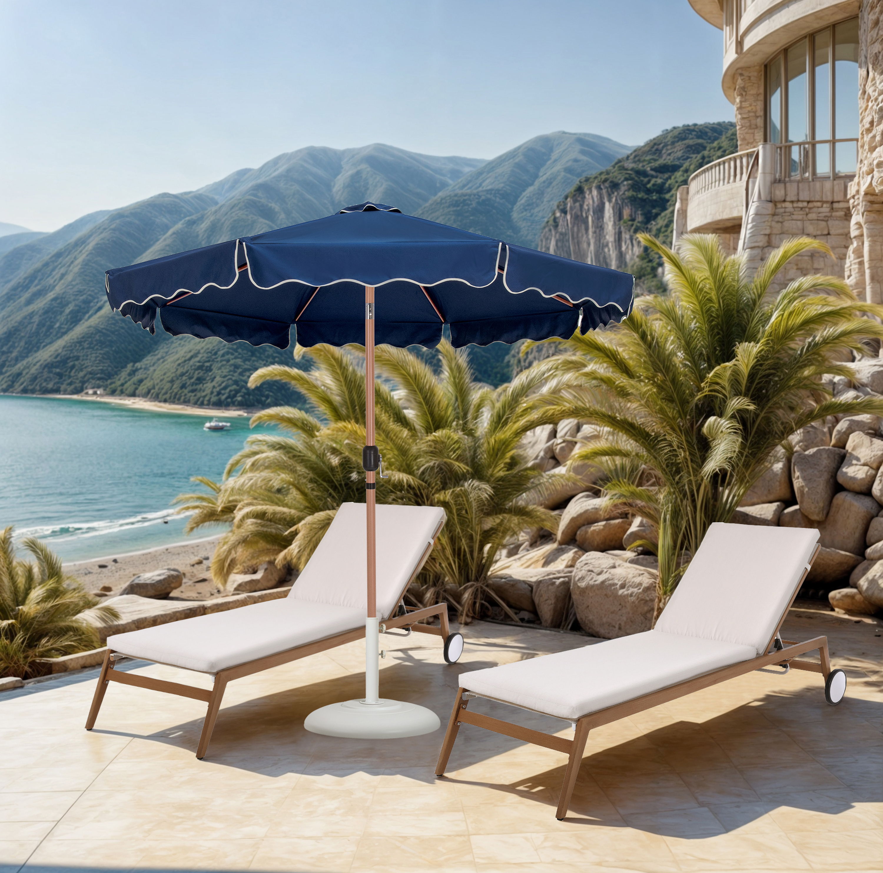 Amalfi - With Cream Piping Aluminum Patio Umbrella With White Base / Teak Pole - Navy