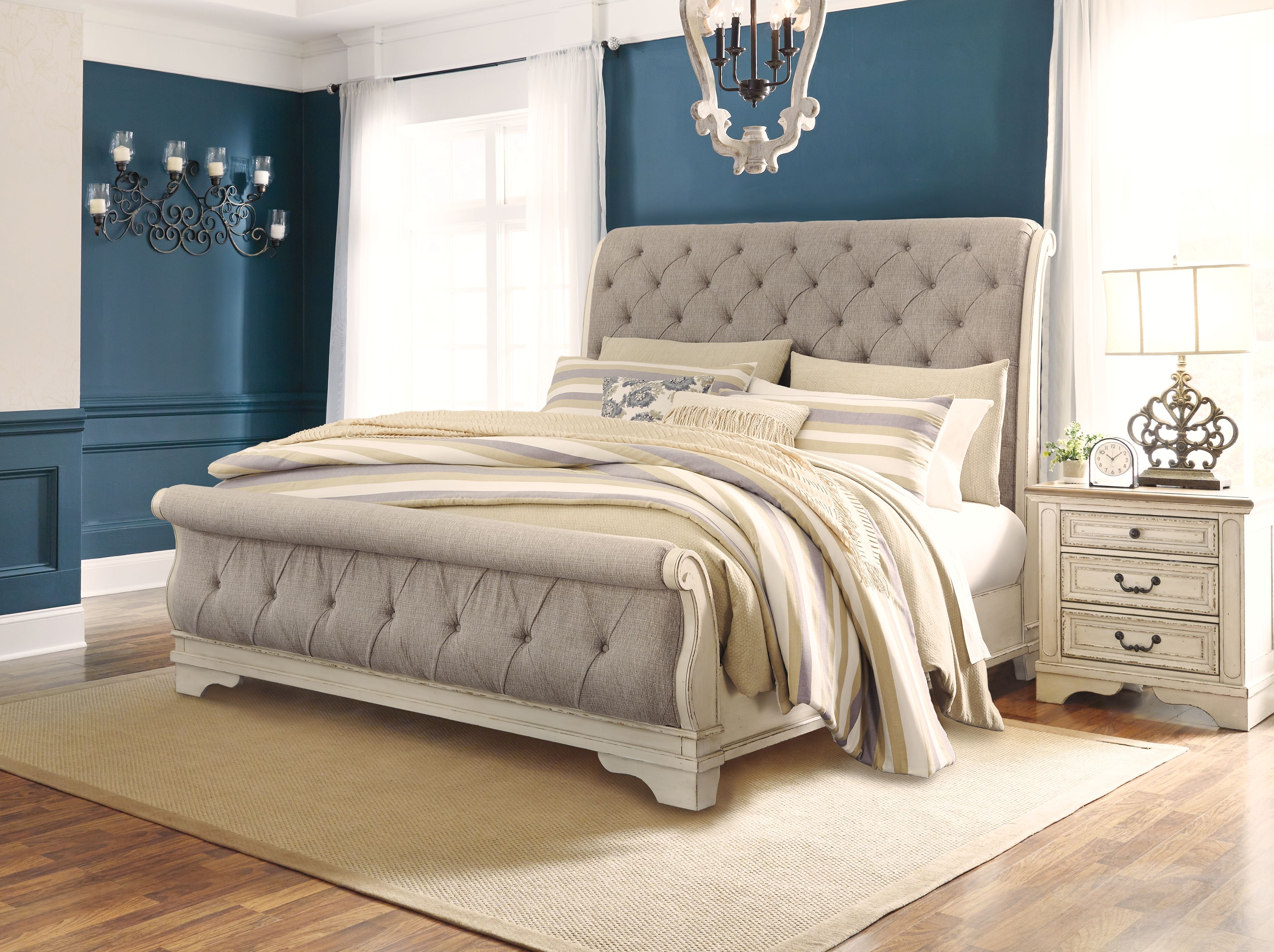 Ashley Furniture Realyn - California King Upholstered Sleigh Bed - Chipped White - Image 7