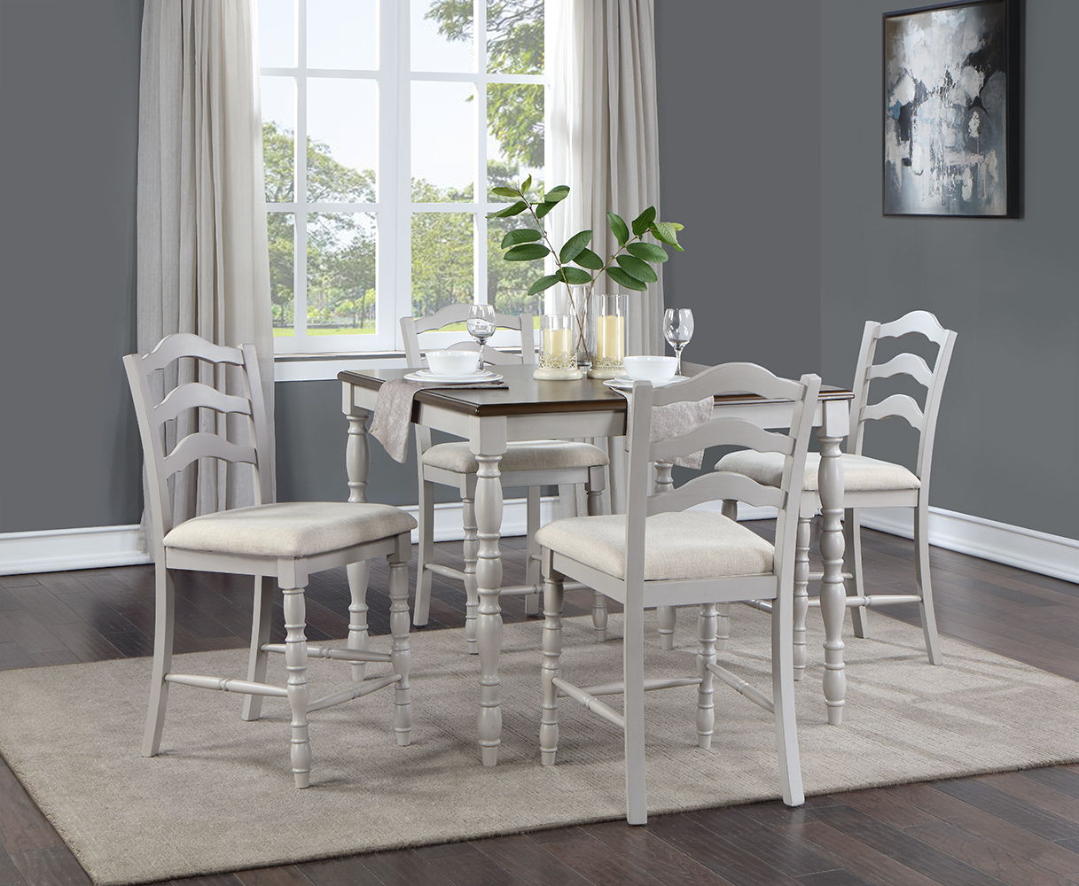 Bettina - Counter Height Table Set (5 Piece) - Beige Fabric, Antique White & Weathered Oak Image