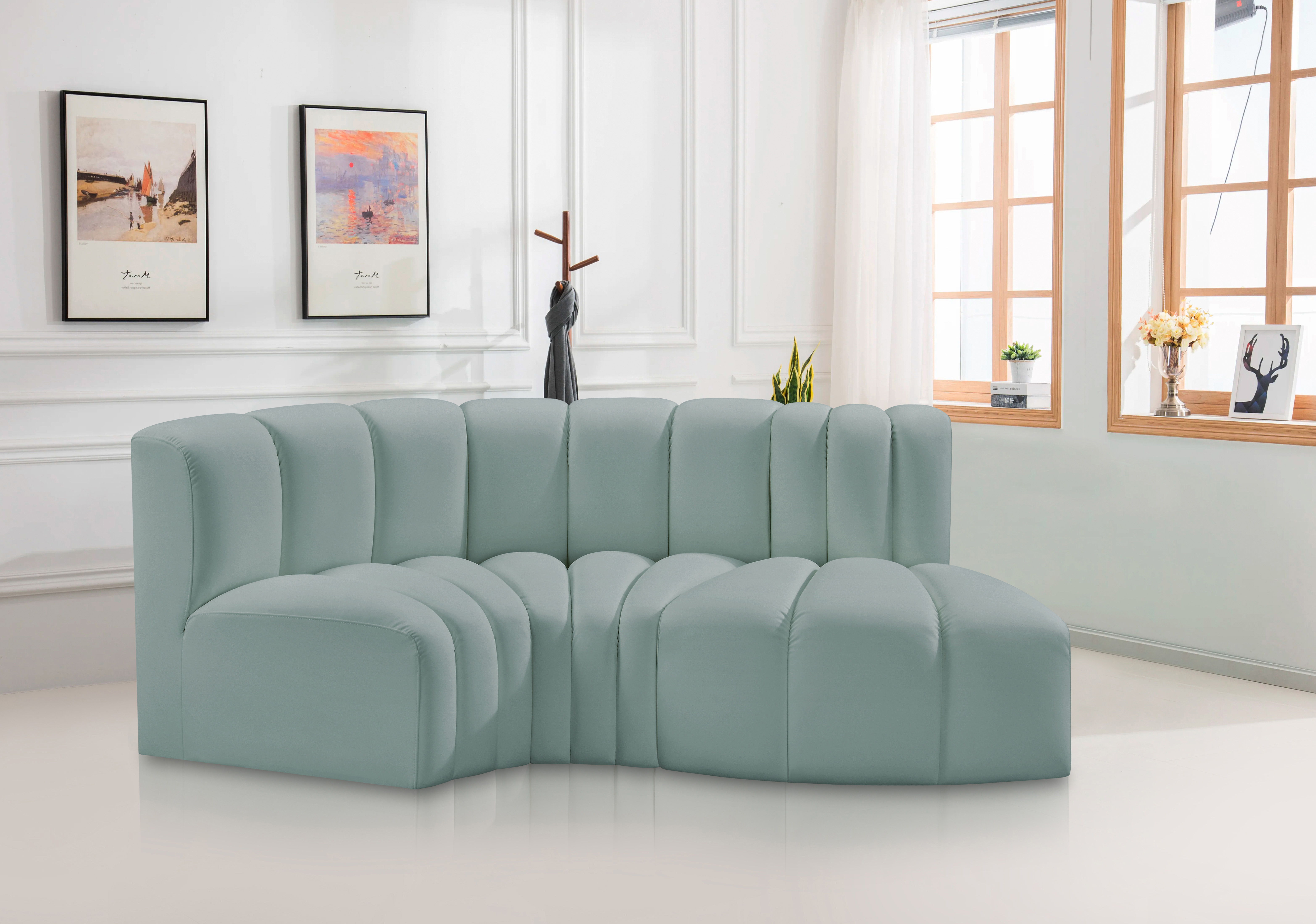 Arc - Faux Leather 3 Piece Modular L-Shaped Sofa - Mint Green