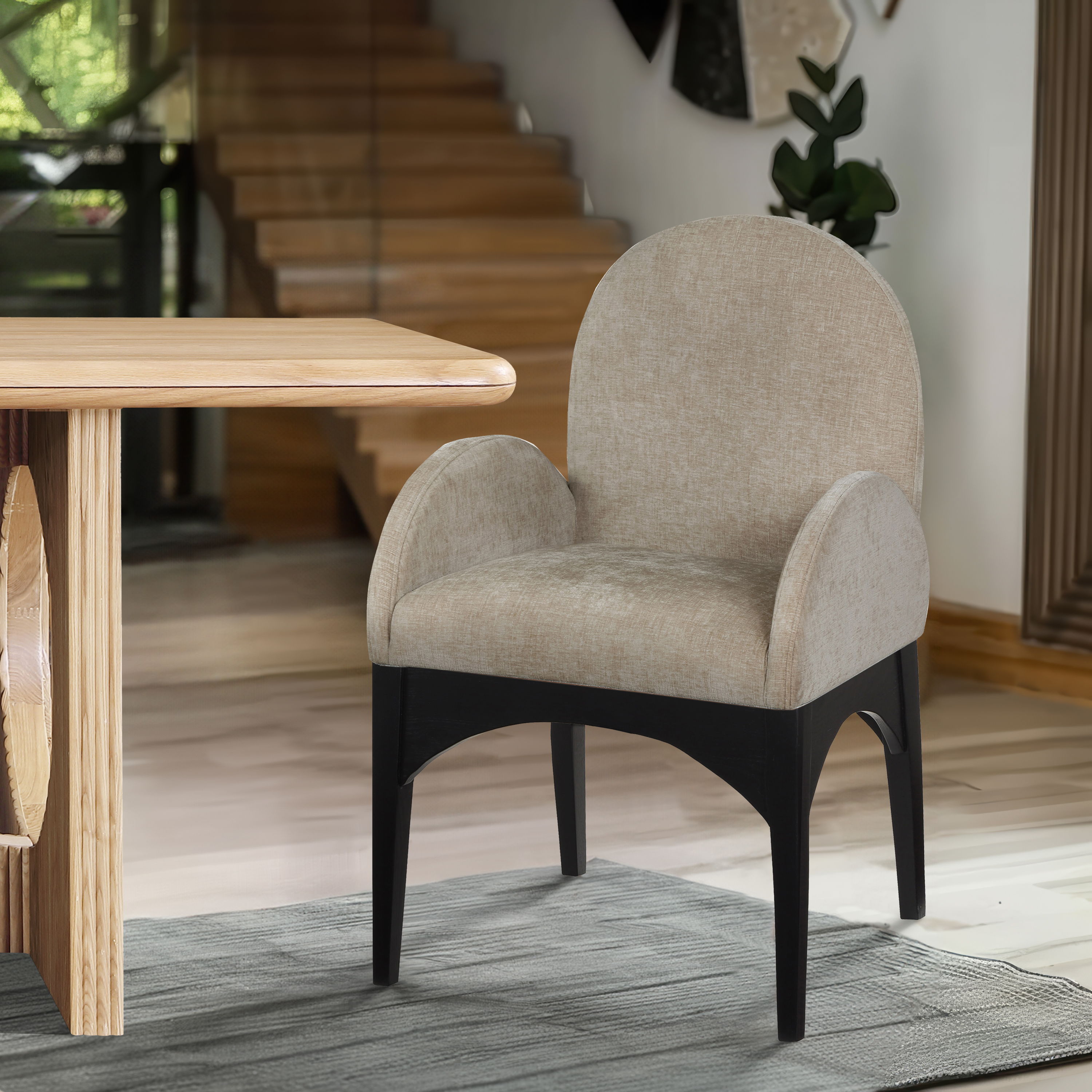 Waldorf - Chenille Dining Arm Chair With Black Legs - Beige
