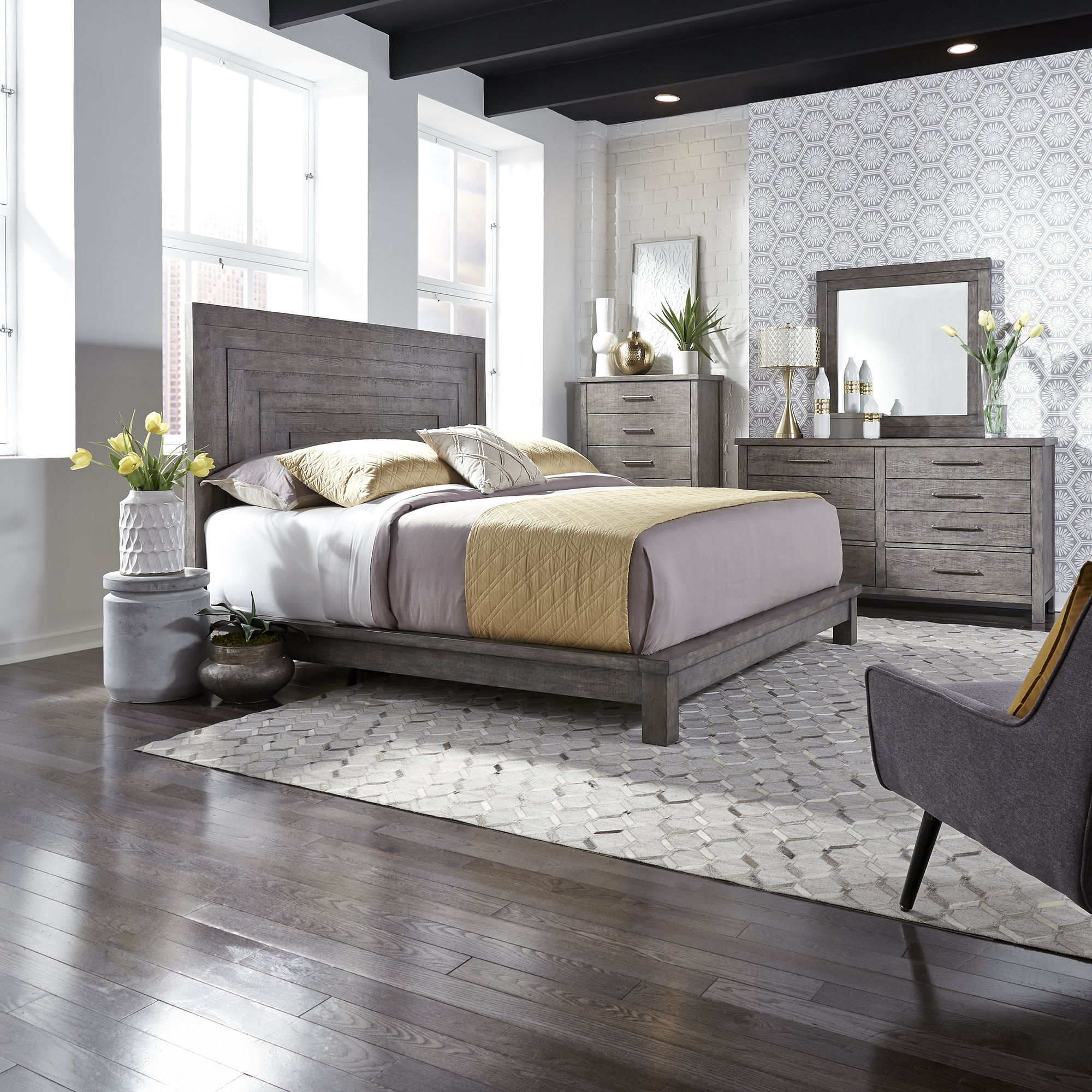Liberty Furniture Modern Farmhouse - 4 Piece Bedroom Set (King Platform Bed, Dresser & Mirror, Chest) - Gray