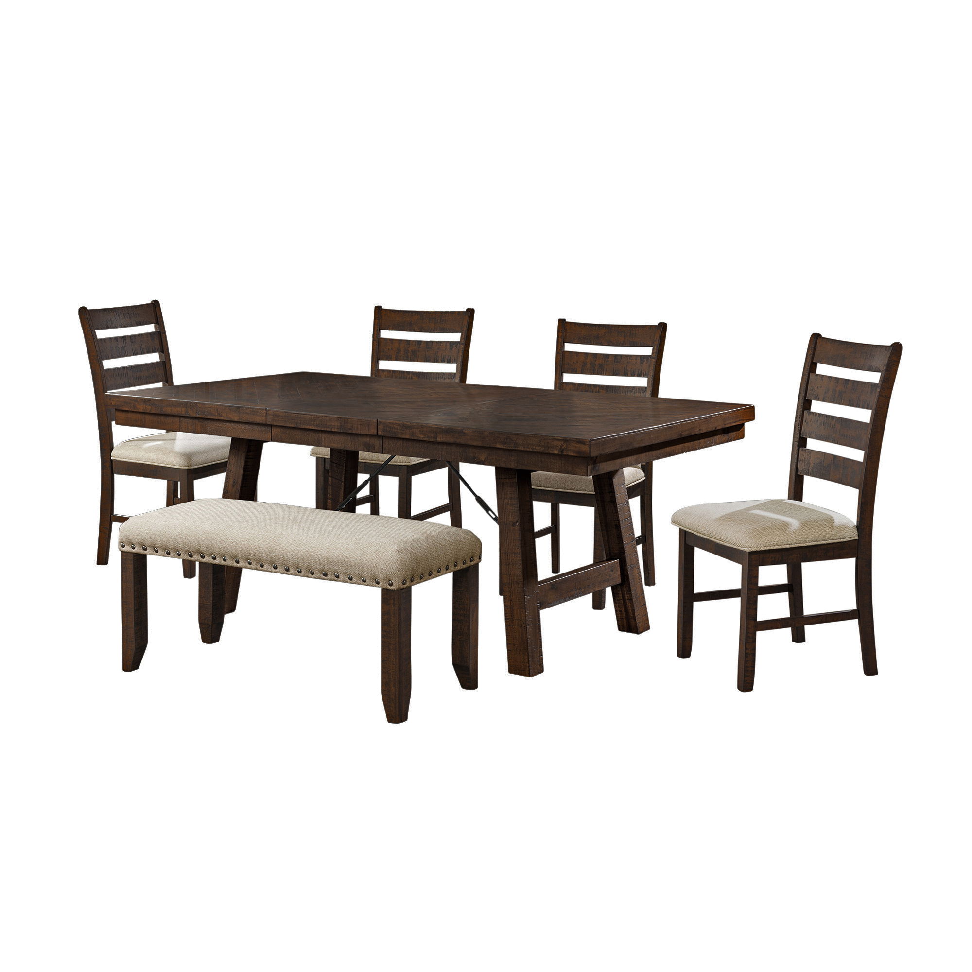 6 Pc · Dining Set Table, 4 Ladder Side Chairs & Bench
