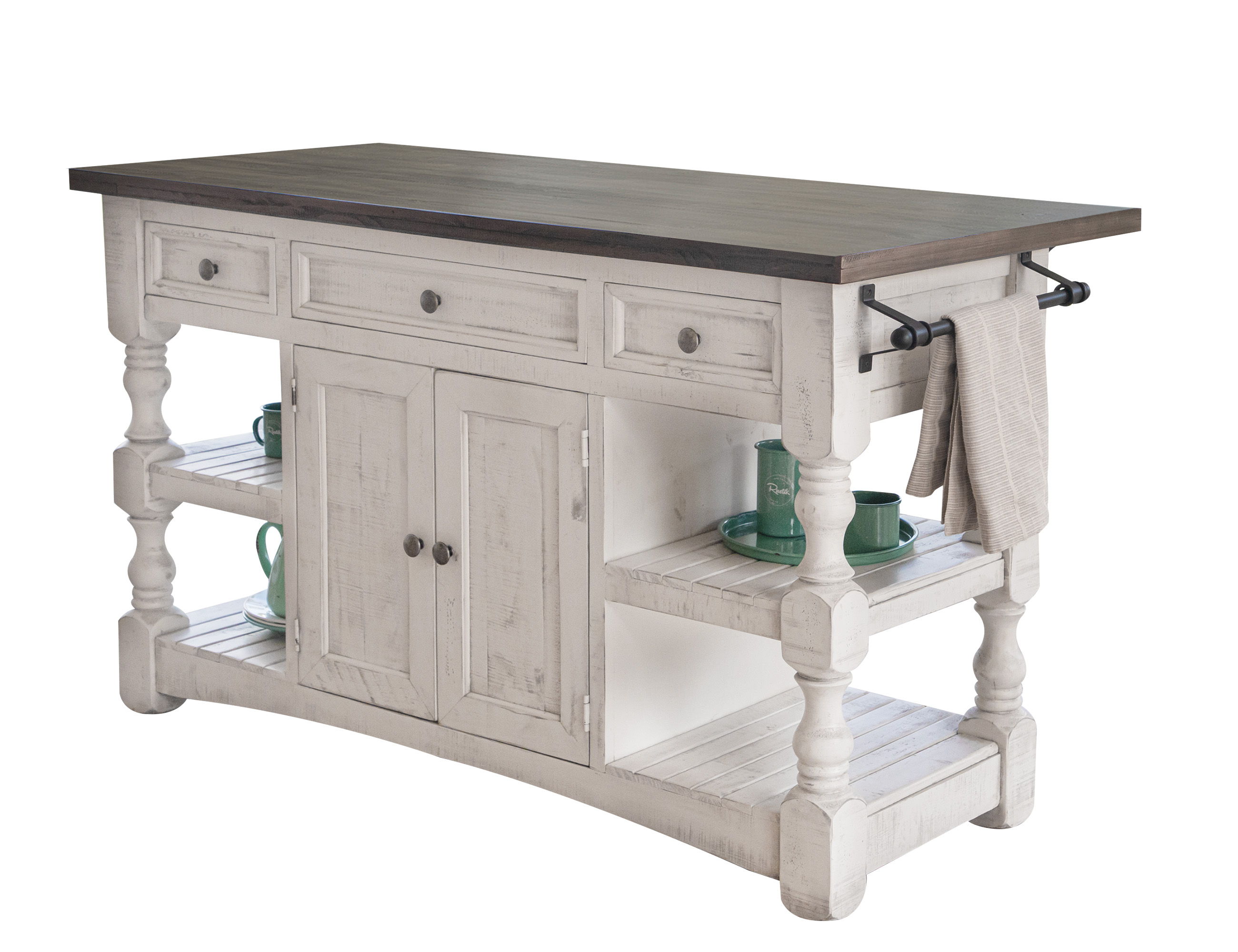 International Furniture Direct Stone - Kitchen Island With 3 Drawer / 2 Doors / 4 Shelves And Casters - Antiqued Ivory / Weathered Gray