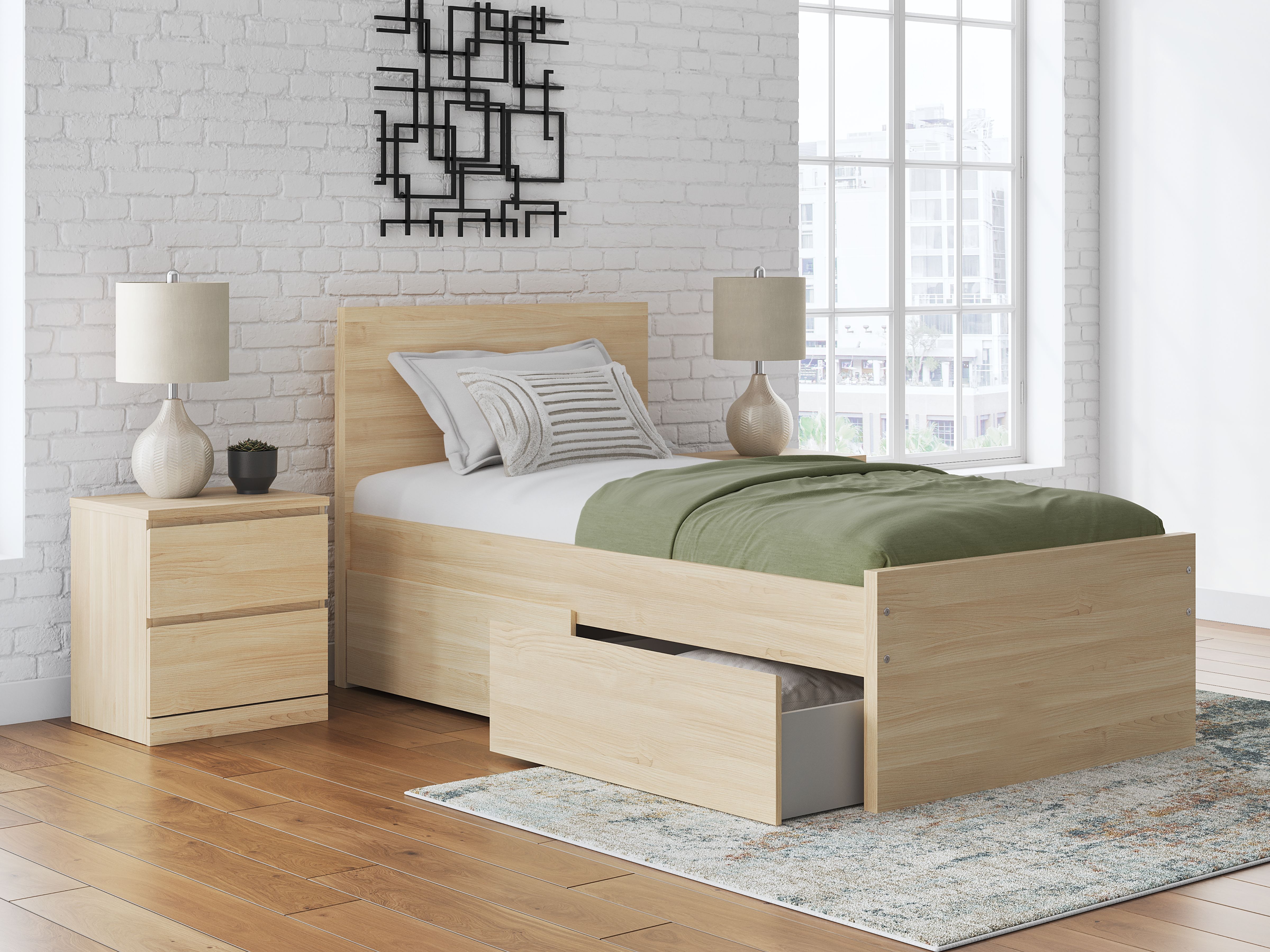 Onita - Twin Panel Platform Bed With 1 Side Storage - Natural