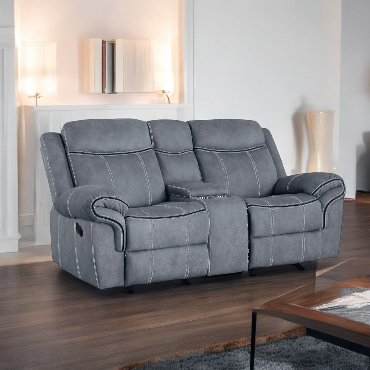 Zubaida - Motion Loveseat & Console With USB - Two Tone Gray Velvet, dark gray, view 8