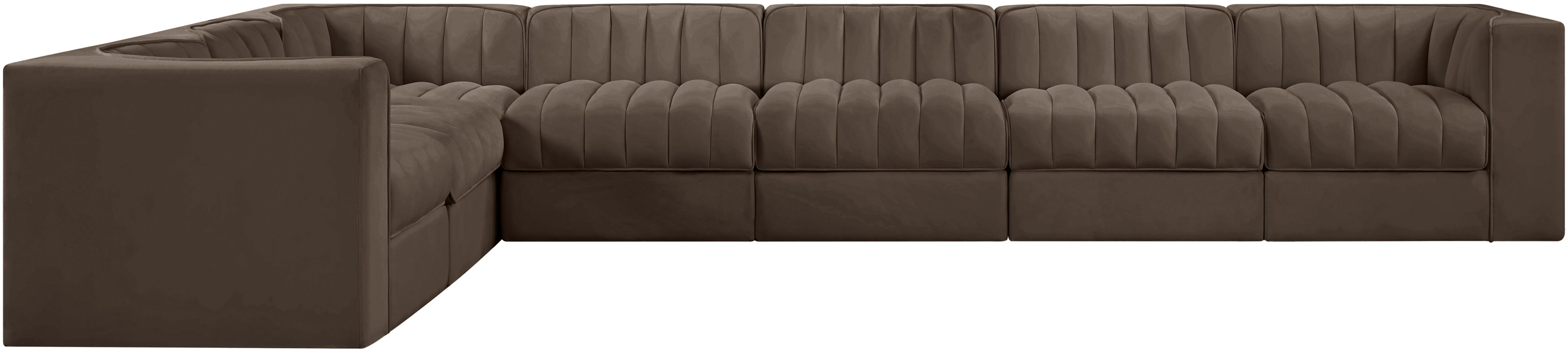 Rummi - Velvet Performance Fabric Upholstered 7 Piece Modular Sectional (With 3 Corner Chairs) - Brown