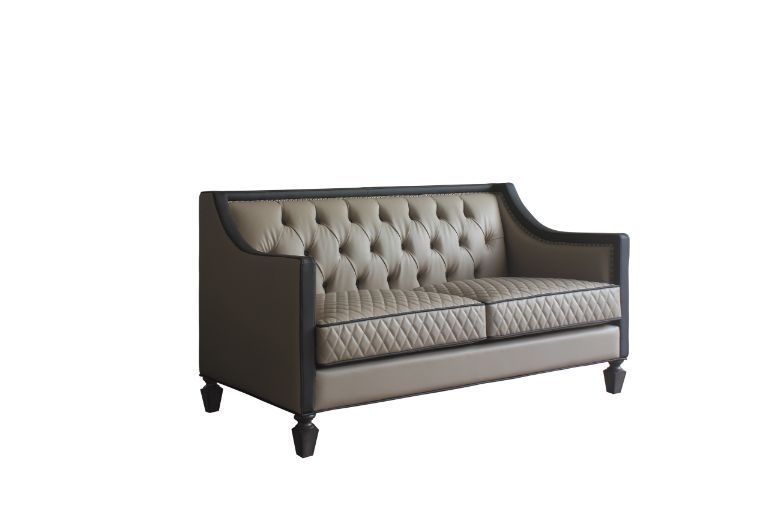House Beatrice - Loveseat With 3 Pillows - Tan Synthetic Leather , Black Synthetic Leather & Charcoal, beige