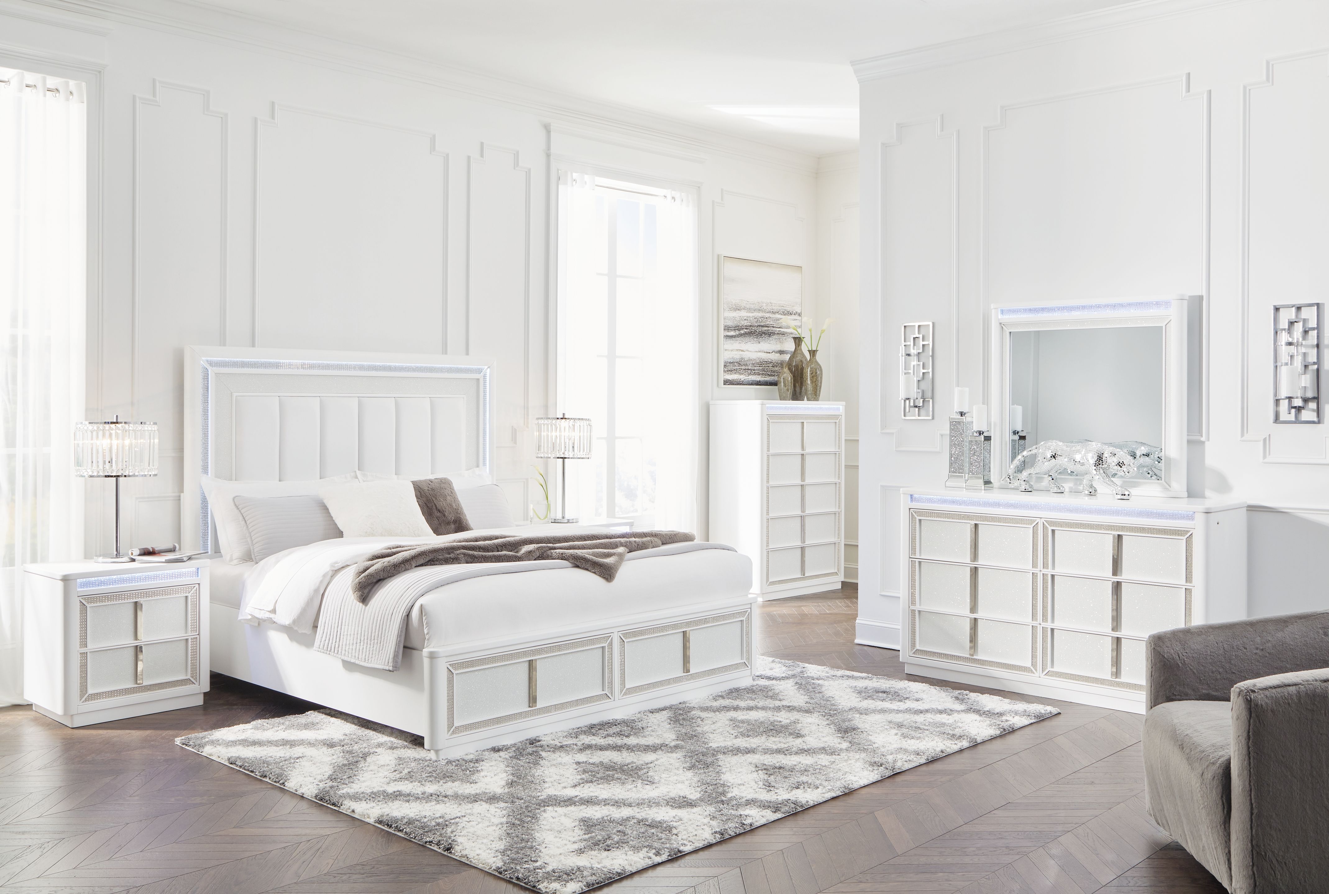 Chalanna - 5 Pc. - Dresser, Mirror, California King Upholstered Storage Bed - White