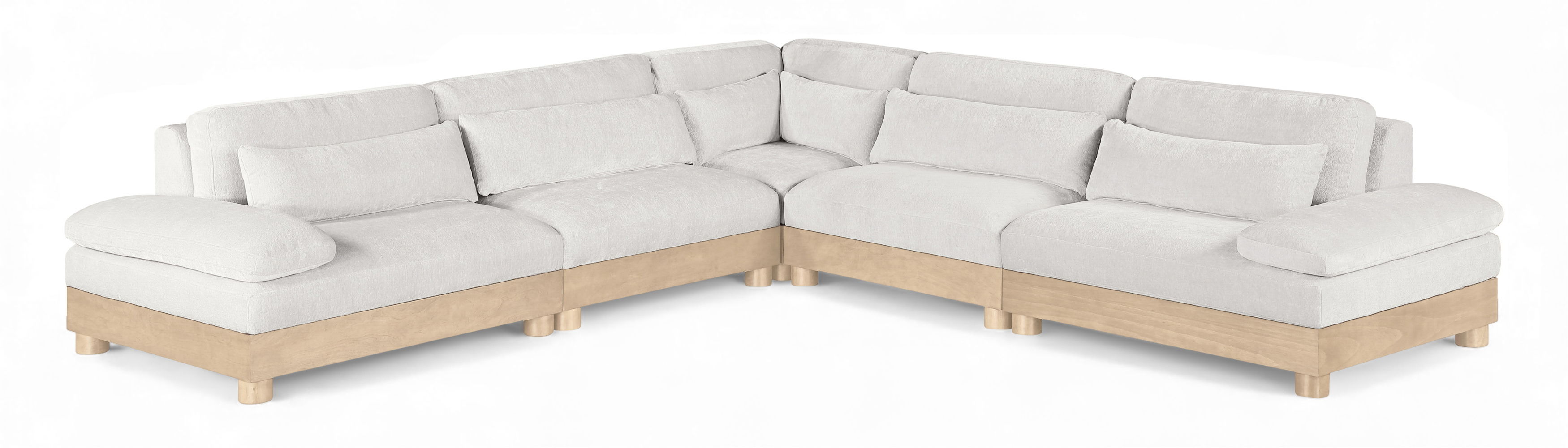 Turin - 127.75" Chenille Fabric Upholstered 5 Piece Modular Sectional (2 Armless Chairs, Corner Chair, Left Arm Chair, Right Arm Chair) - Cream / Natural Oak