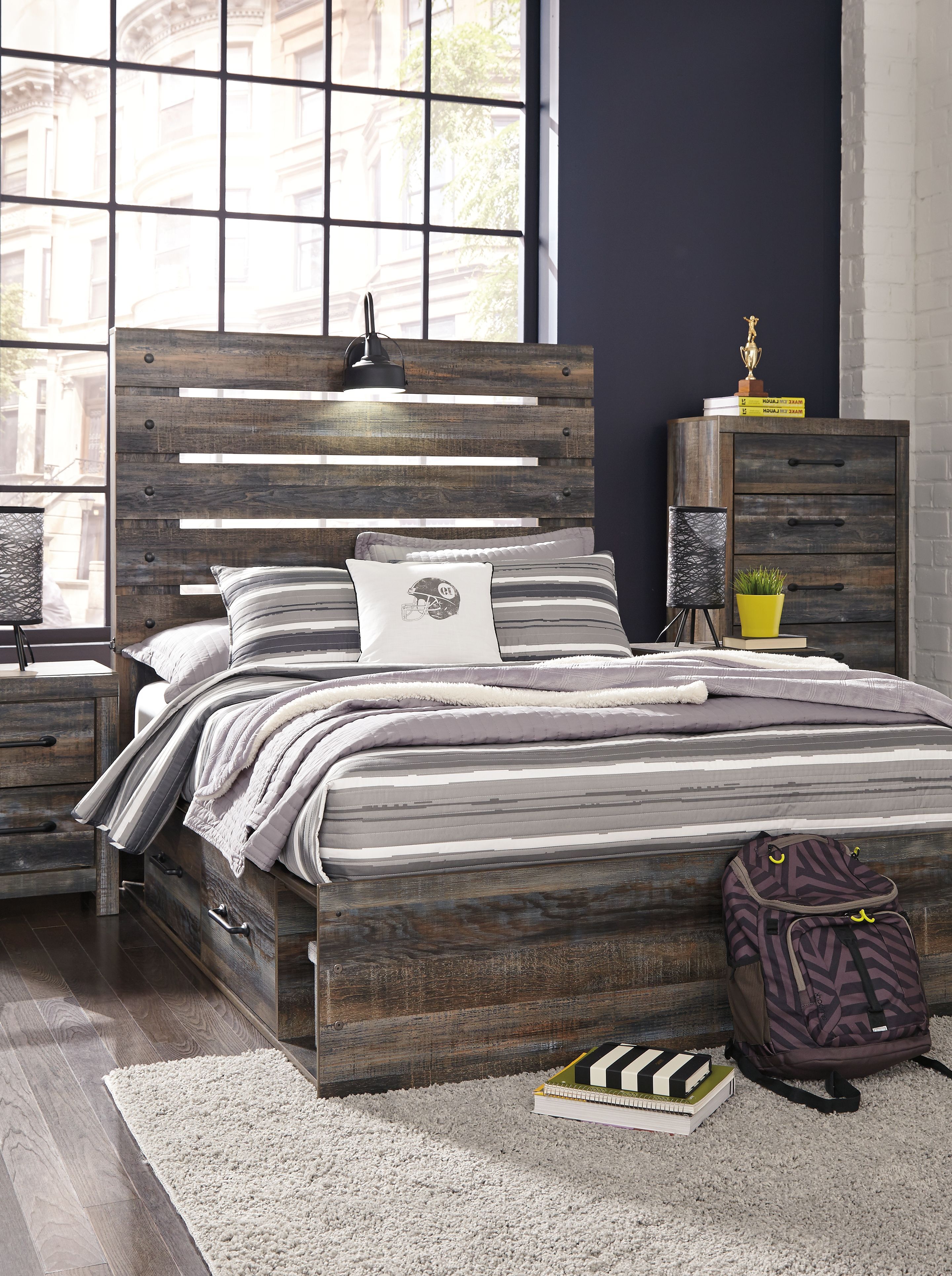 Ashley Furniture Drystan - Full Panel Bed With 2 Side Drawers - Brown / Beige - Image 5
