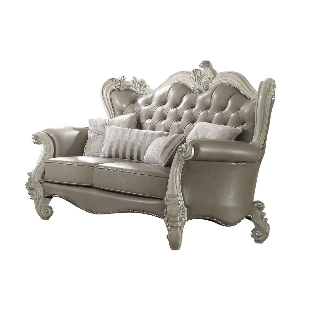 Versailles - Loveseat With 4 Pillows - Vintage Gray Synthetic Leather & Bone White, beige, view 2