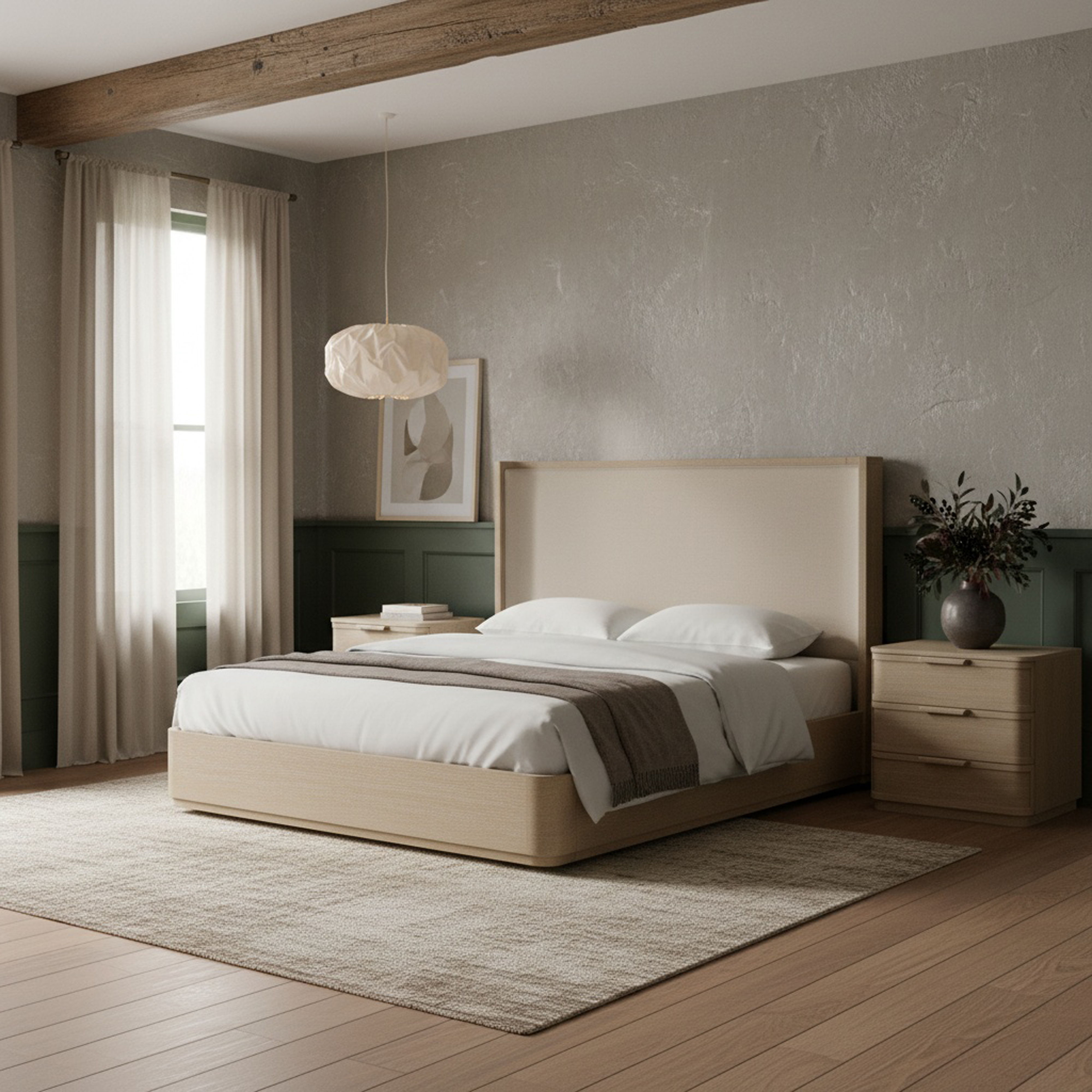 Tiberio - Solid Wood And Linen Textured Fabric Queen Bed (3 Boxes) - Natural / Cream