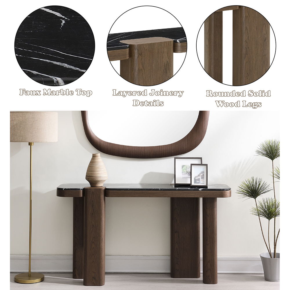 Dana - Console Table - Faux Marble Top, Black & Dark Walnut, black, view 5