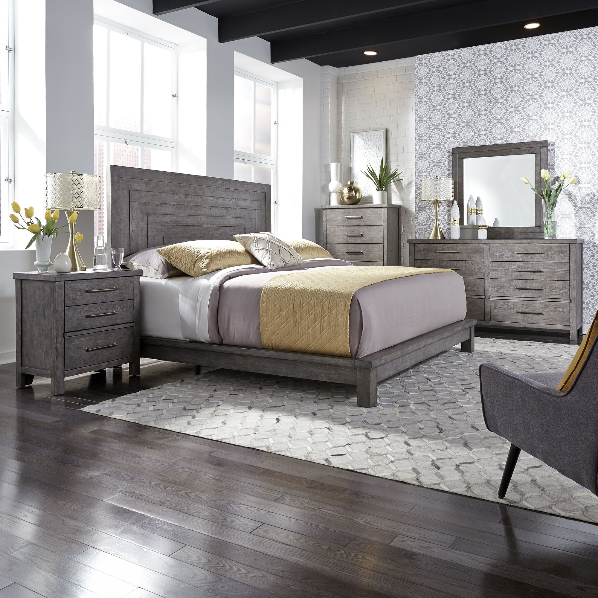 Liberty Furniture Modern Farmhouse - 5 Piece Bedroom Set (King Platform Bed, Dresser & Mirror, Chest, Nightstand) - Gray