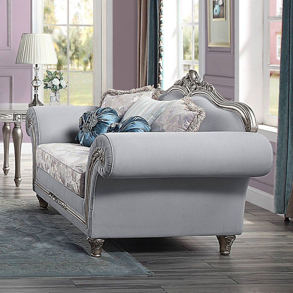Pelumi - Loveseat With 5 Pillows - Light Gray Linen & Platinum, light gray
