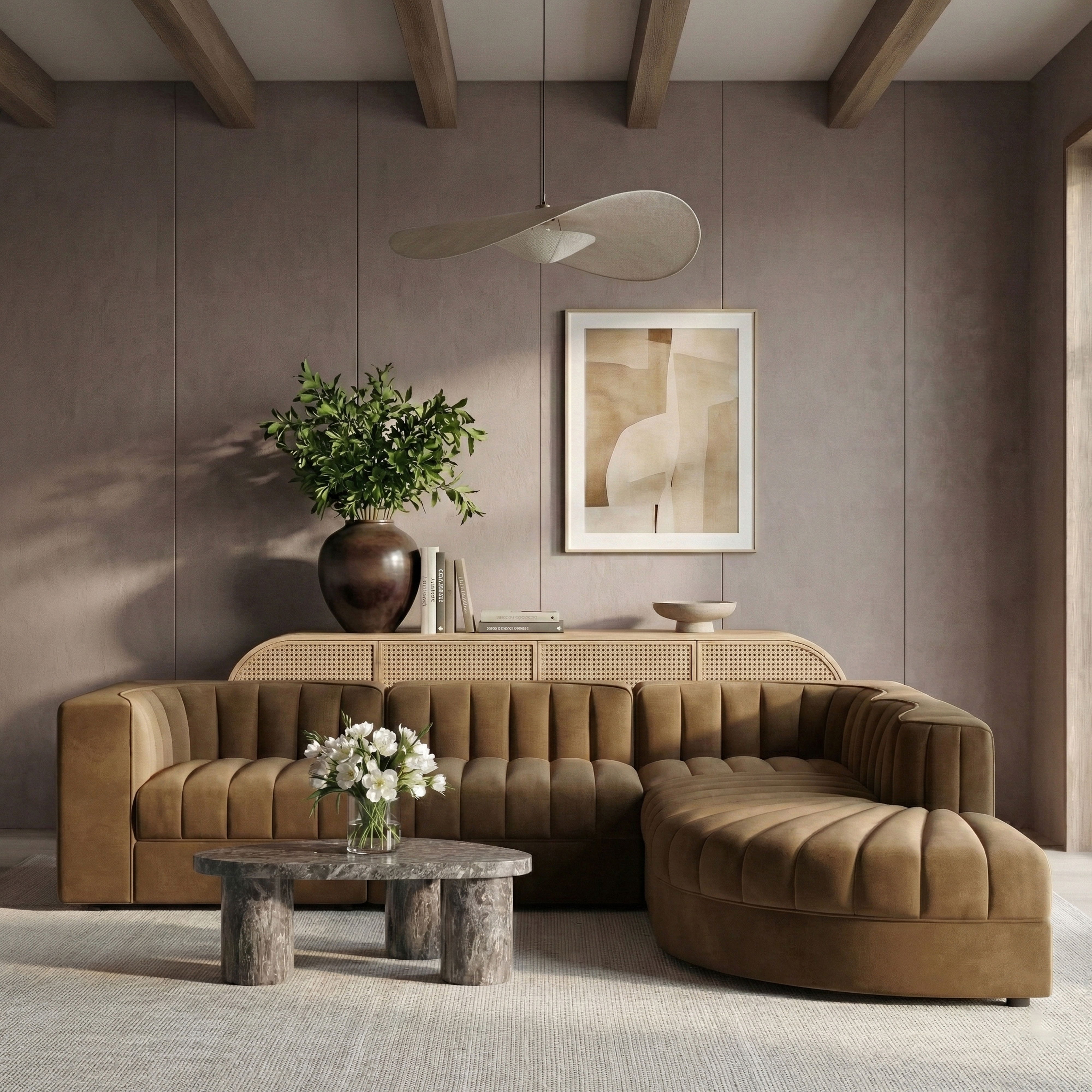 Rummi - Velvet Performance Fabric Upholstered 5 Piece Modular Sectional - Saddle