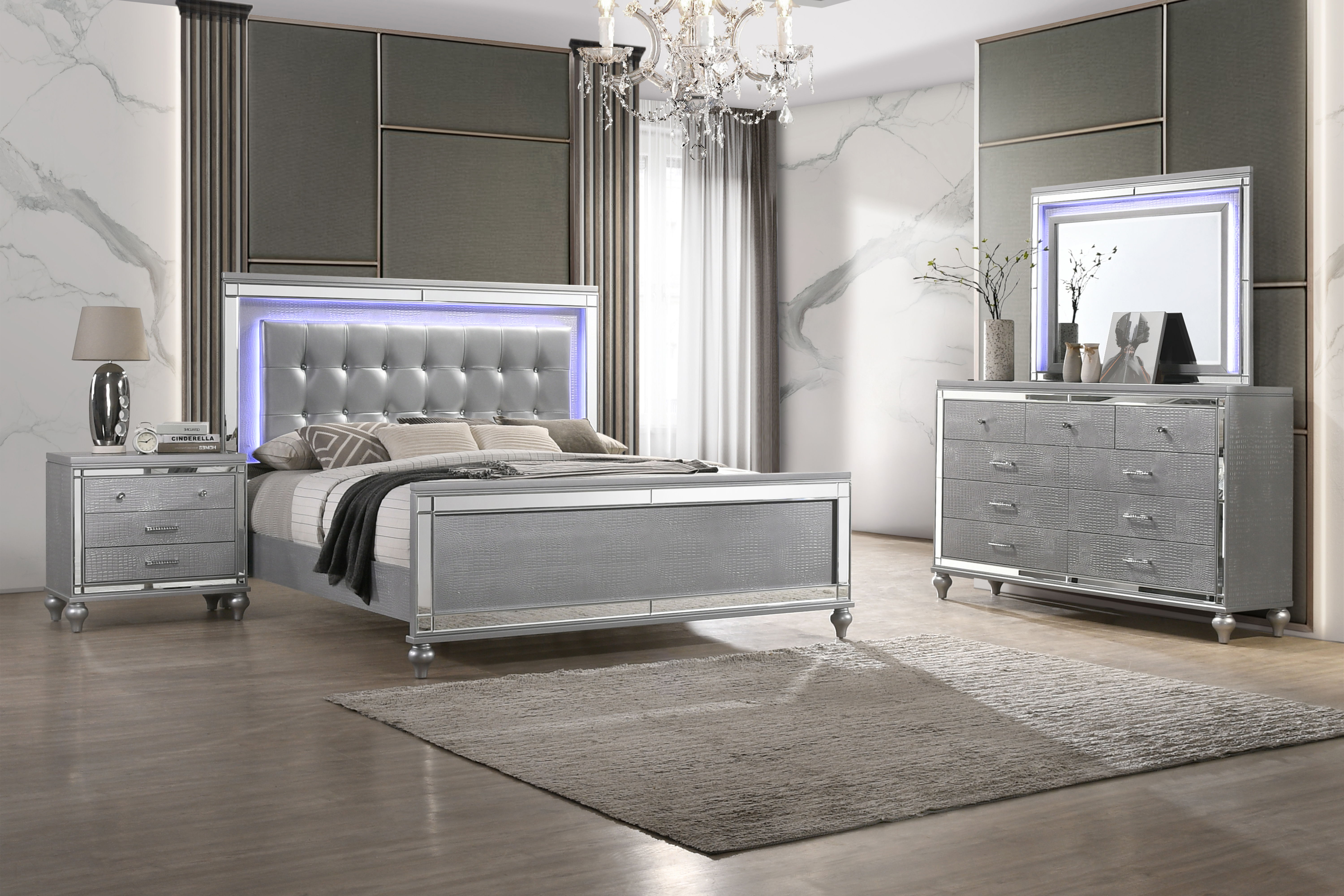 Valentino - Western King 4 Piece Bedroom Set (Bed, Dresser, Mirror, Nighstand) - Silver