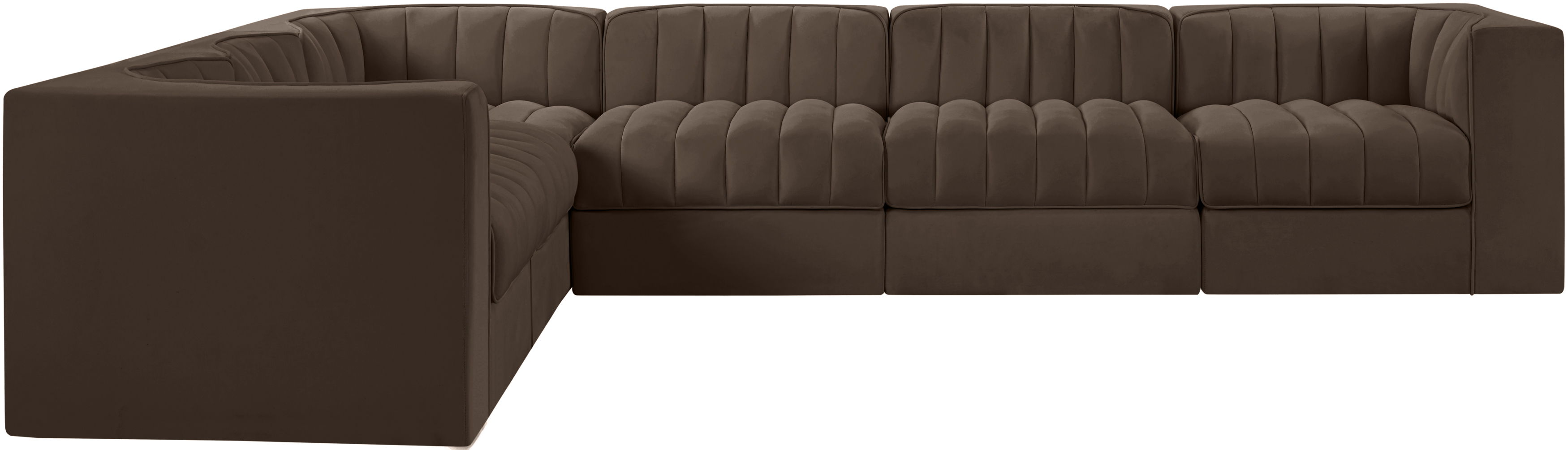 Rummi - Velvet Performance Fabric Upholstered 6 Piece Modular Sectional (With 3 Corner Chairs) - Brown