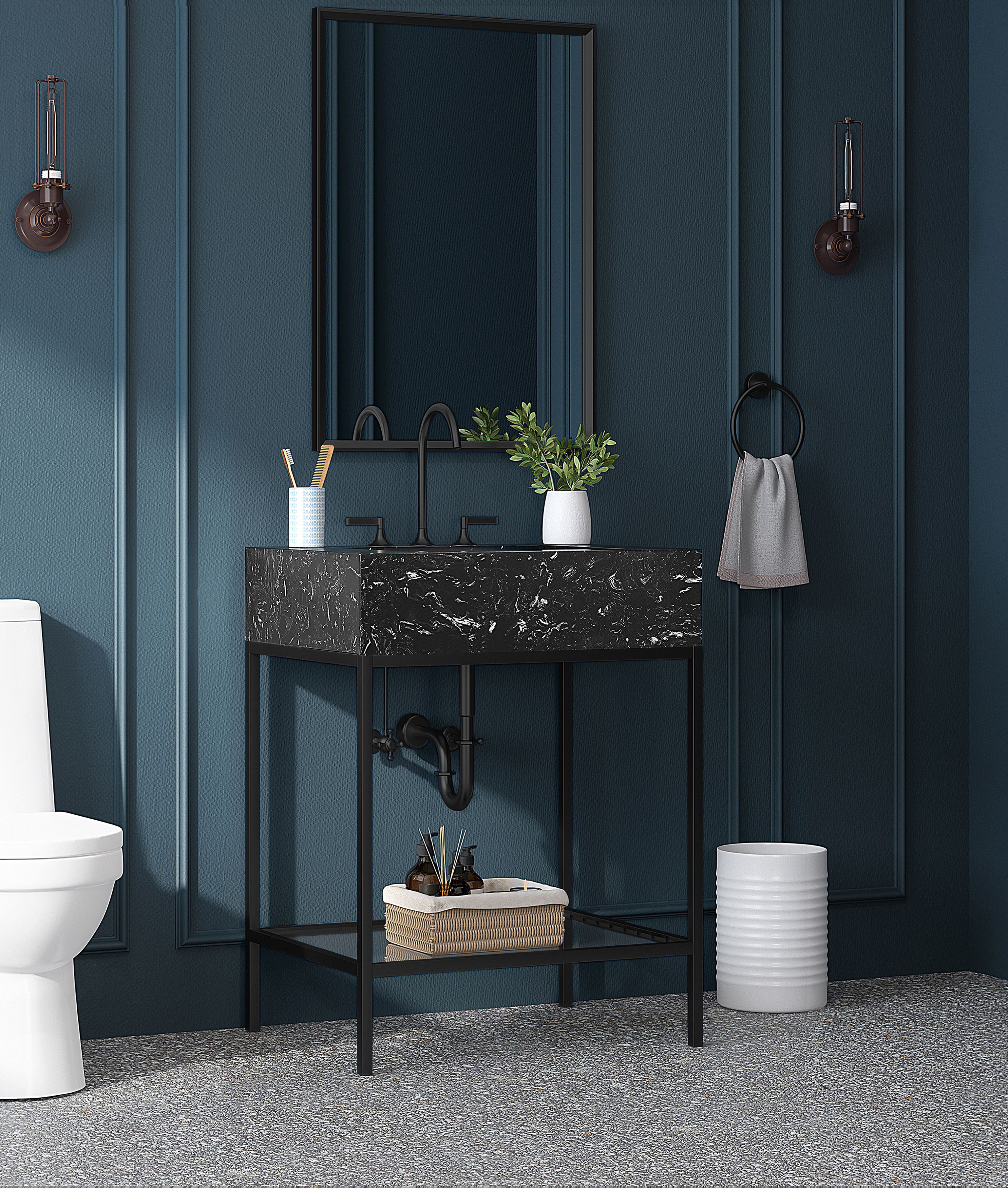 Marmo - 24" Engineered Marble Bathroom Vanity With Black Base - Black