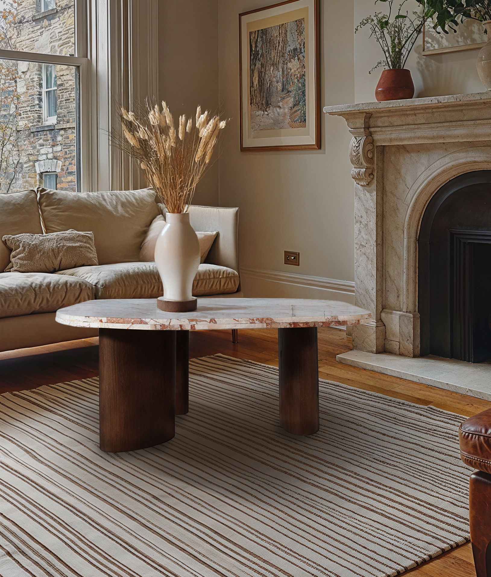 Puglia - Marble Top And Oak Wood Base Coffee Table - Cream