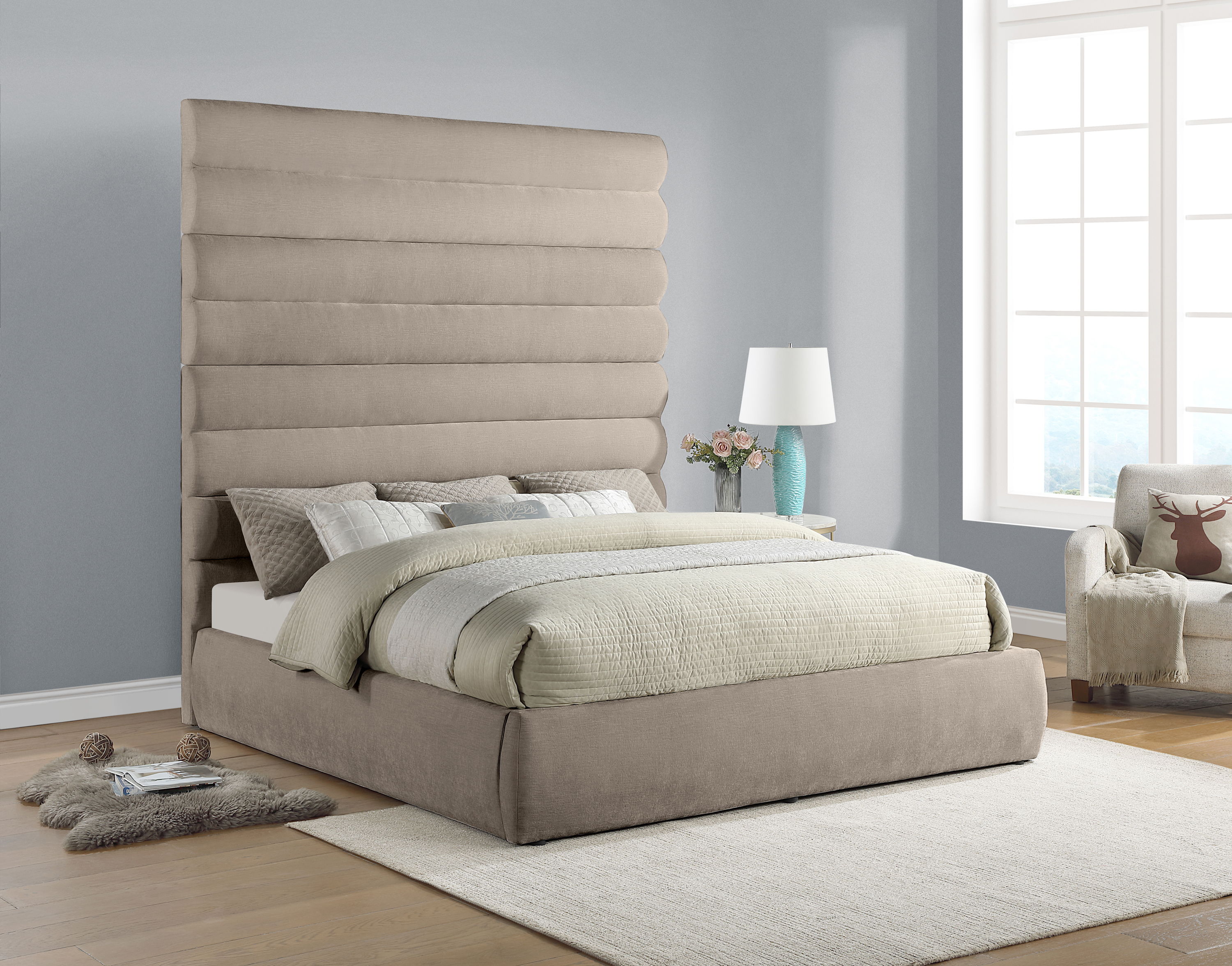 Adam - Chenille Fabric King Bed With 89" Headboard - Beige