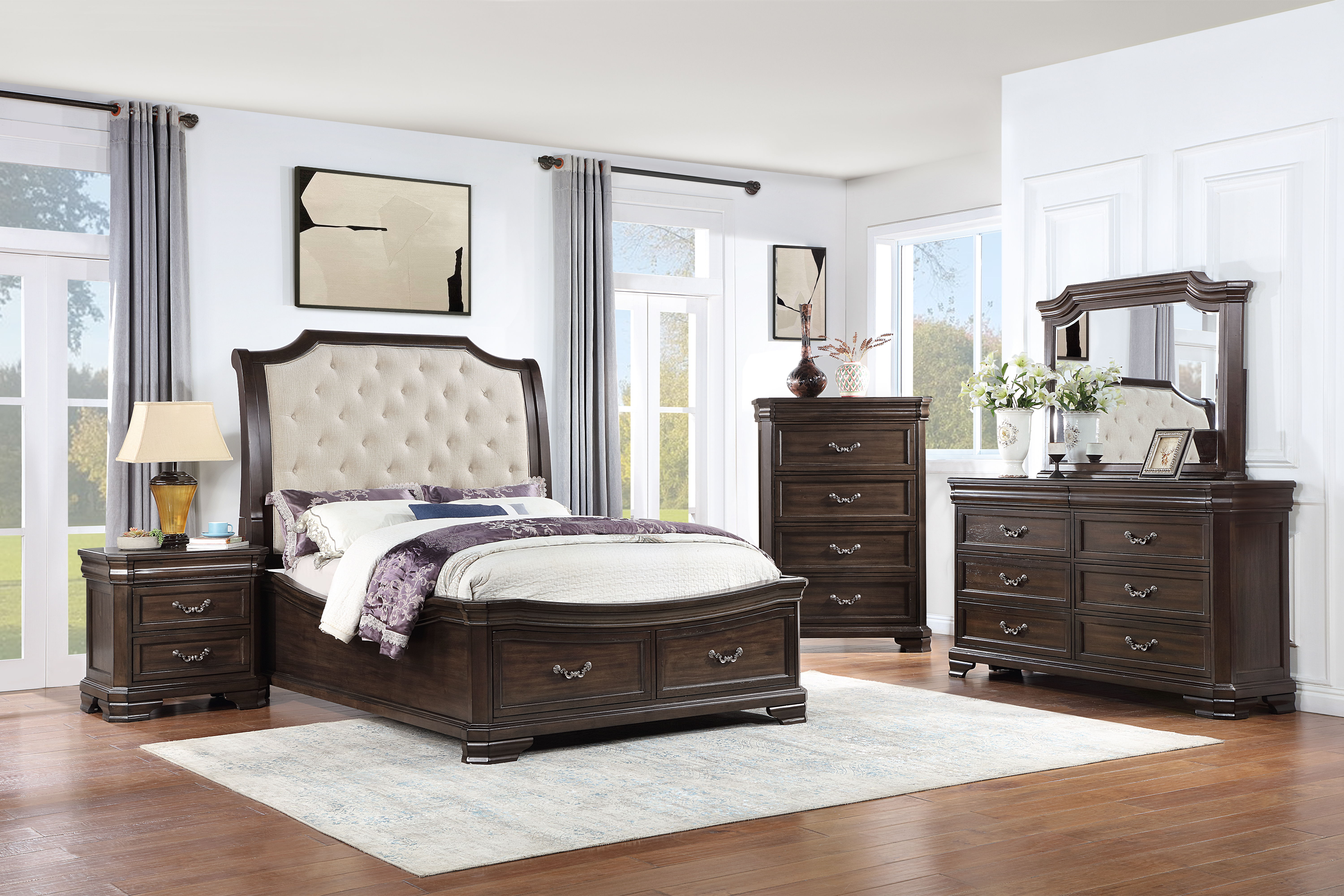 Lyndhurst - 5/0 Queen 5 Piece Bedroom Set (Bed, Dresser, Mirror, Chest, Nightstand) - Walnut