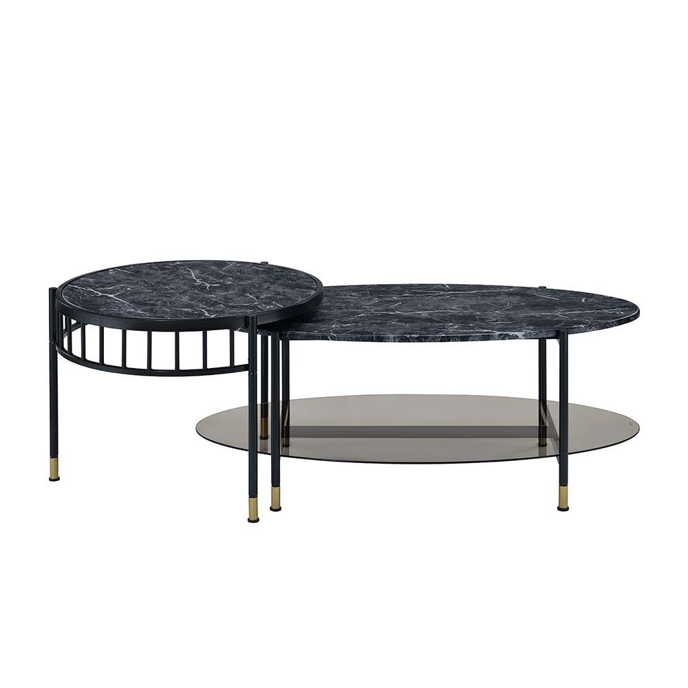 Silas - Nesting Coffee Table Set - Faux Marble Top & Black, black