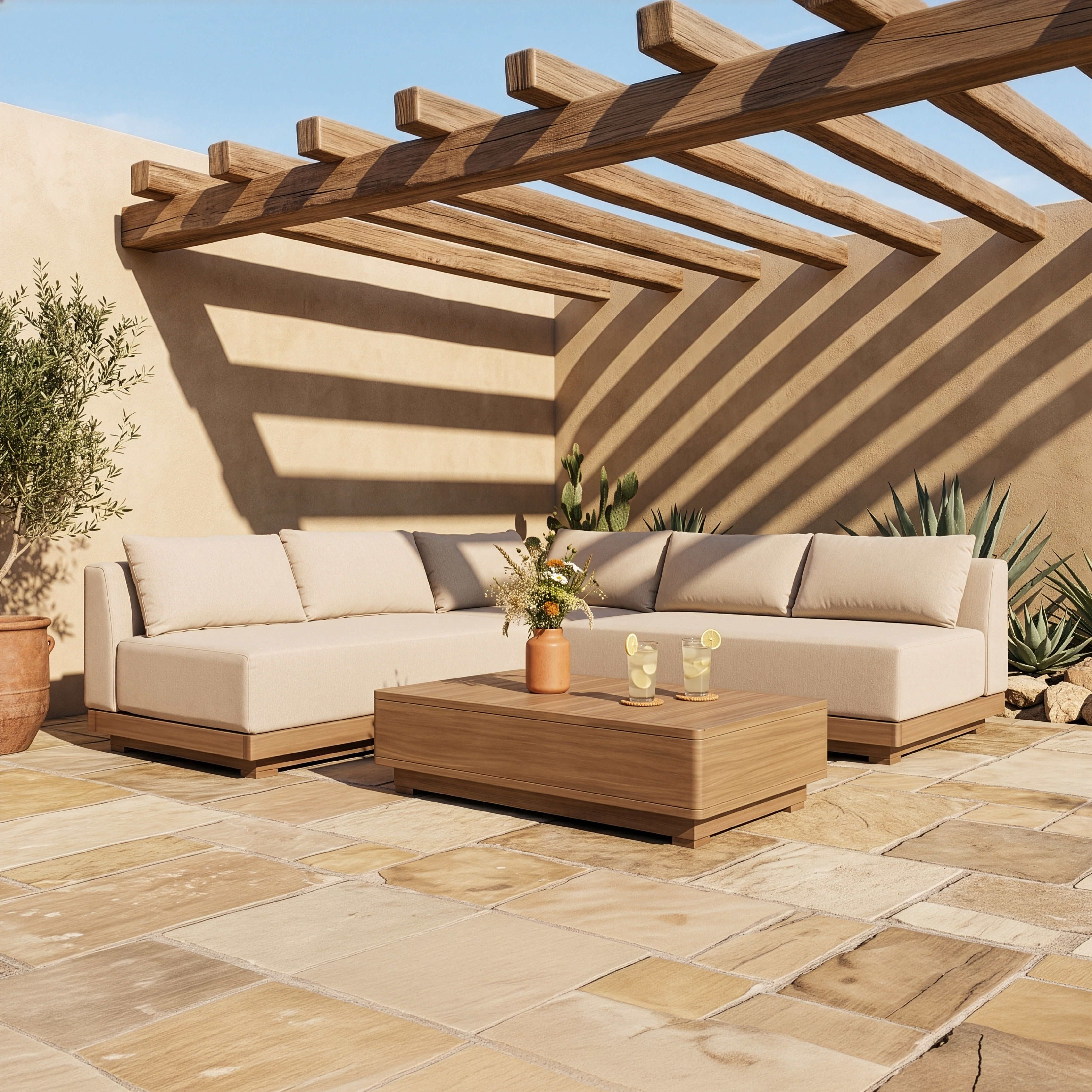 Solace - Olefin Performance Fabric 3 Piece Outdoor Patio Modular Sectional (2 Loveseats & Corner Chair) - Beige