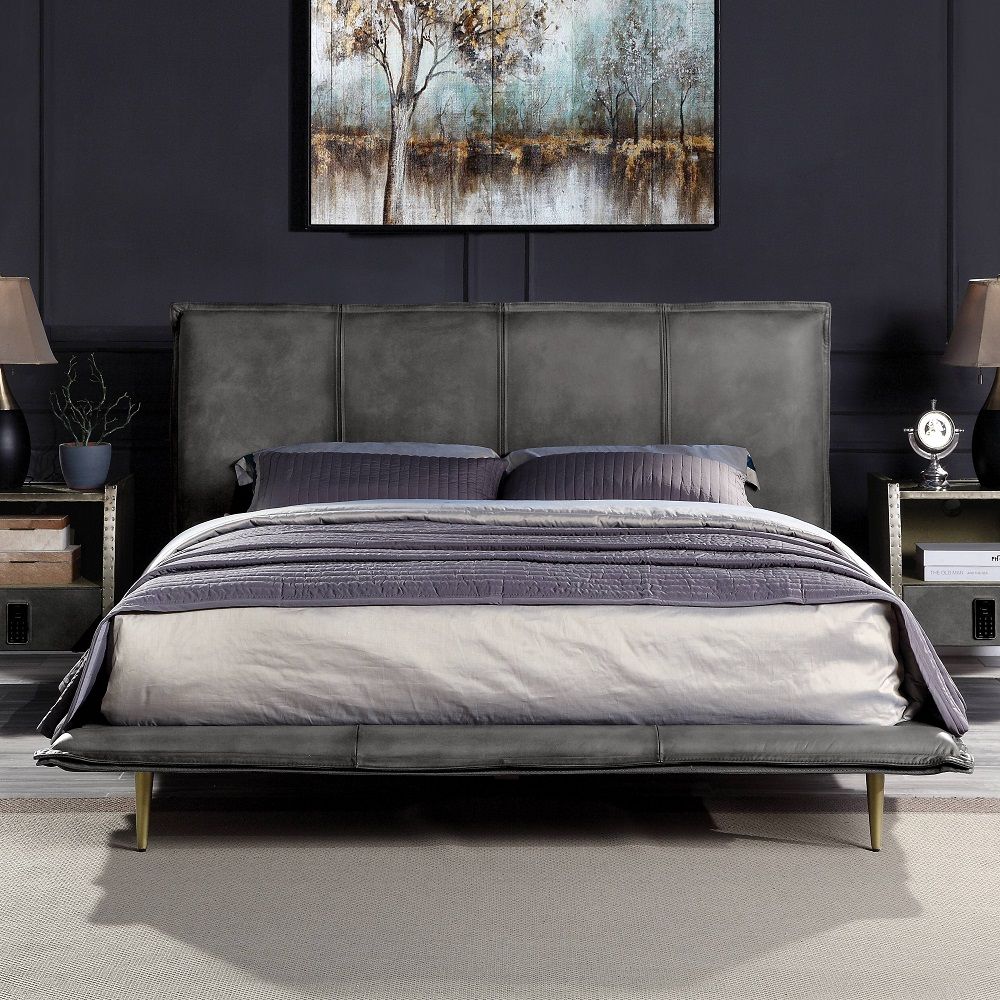 Metis - Queen Bed - Gray Top Grain Leather, dark gray