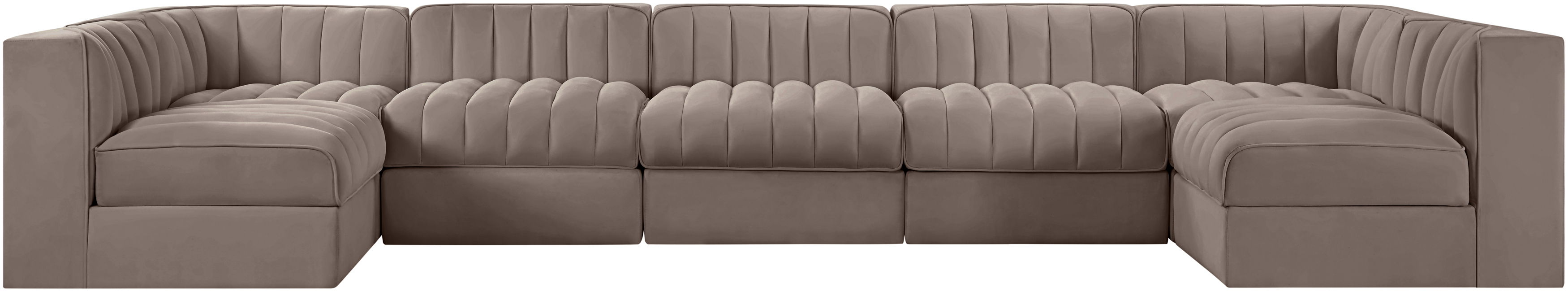 Rummi - Velvet Performance Fabric Upholstered 7 Piece Modular Sectional (With 2 Corner Chairs) - Taupe