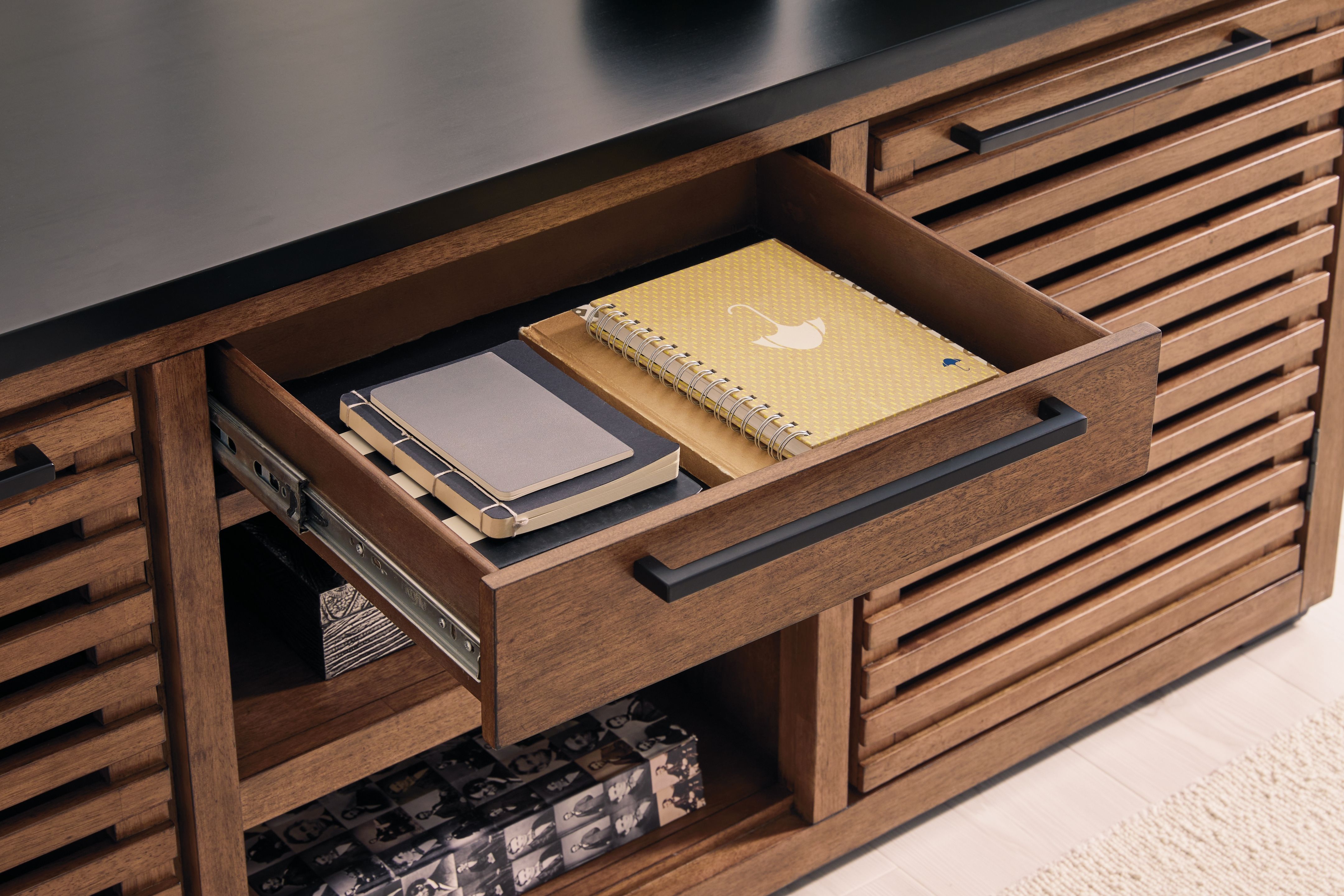 Kallari - Credenza With Desk Return - Warm Brown / Black
