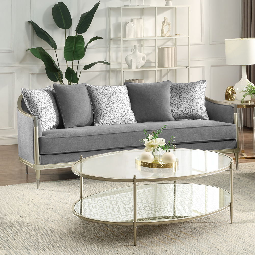 Fernando - Sofa With 5 Pillows - Gray Chenille & Champagne, gray