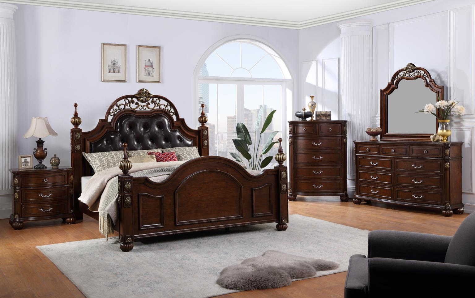 B065 - 3 Piece Bedroom Set (Queen Bed, Dresser, Mirror) - Dark Brown