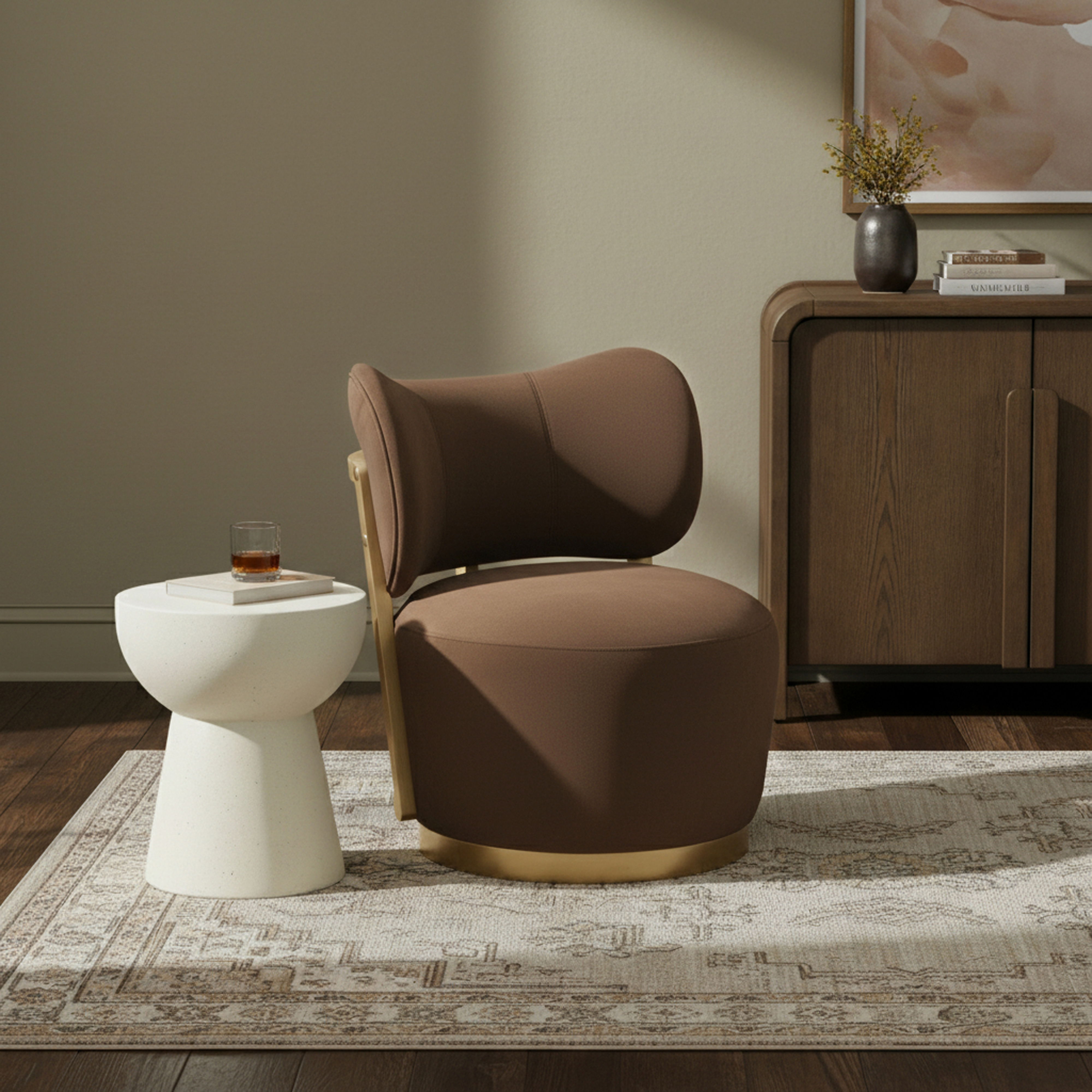 Elara - Velvet Upholstered Swivel Accent Chair - Brown / Stained Natural