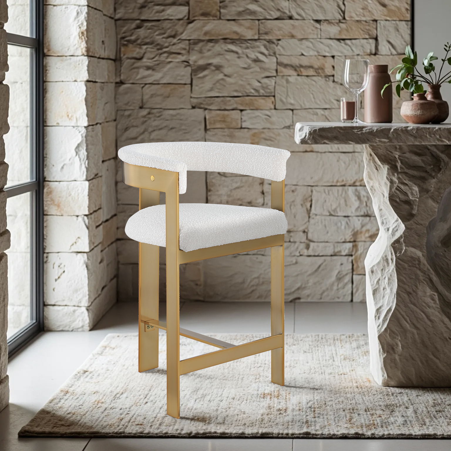 Romeo - Boucle Counter Stool With Gold Base (Set of 2) - Cream