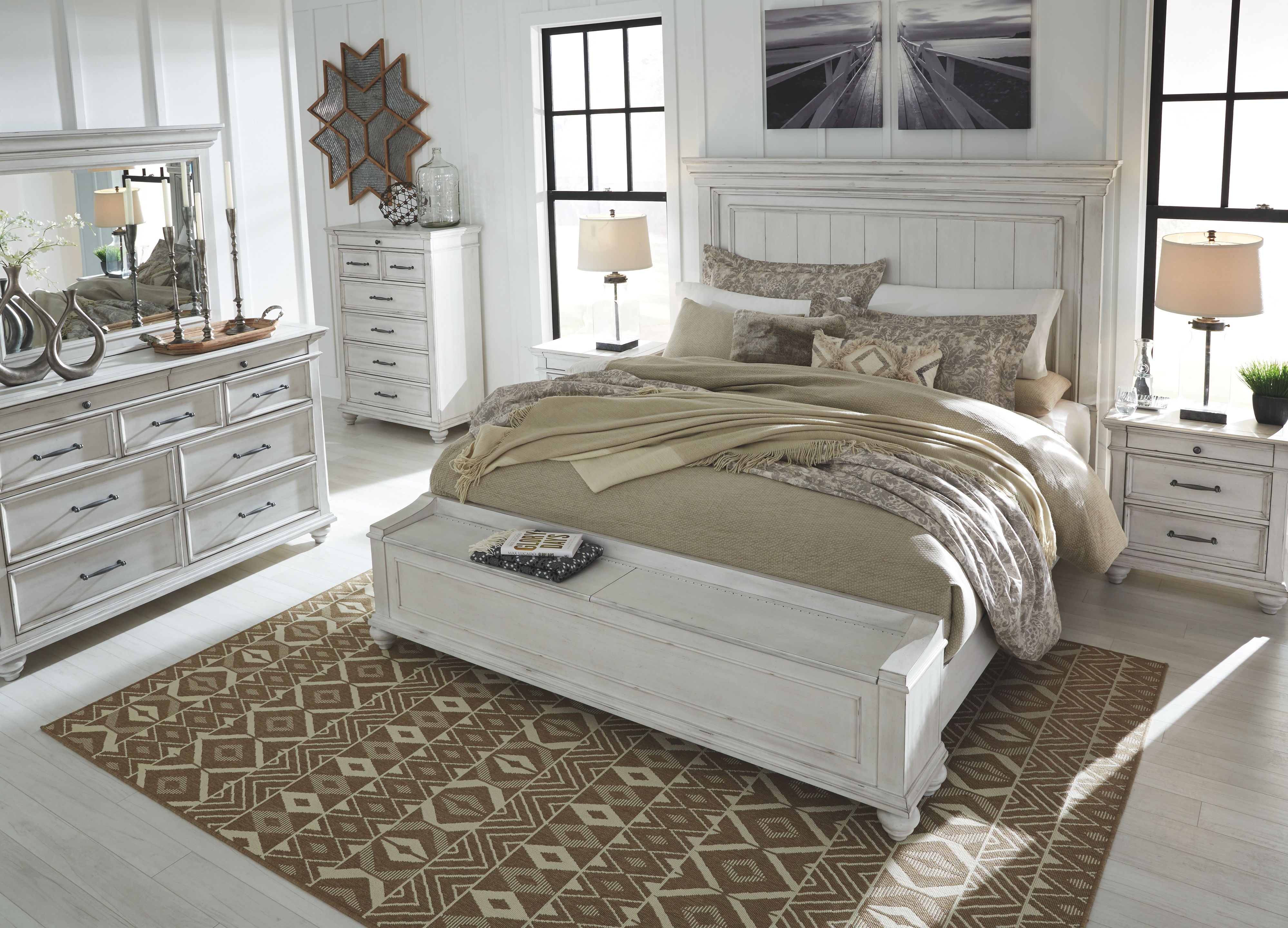 Ashley Furniture Kanwyn - 5 Pc. - Dresser, Mirror, King Panel Bed with Storage Bench - Whitewash - Image 4