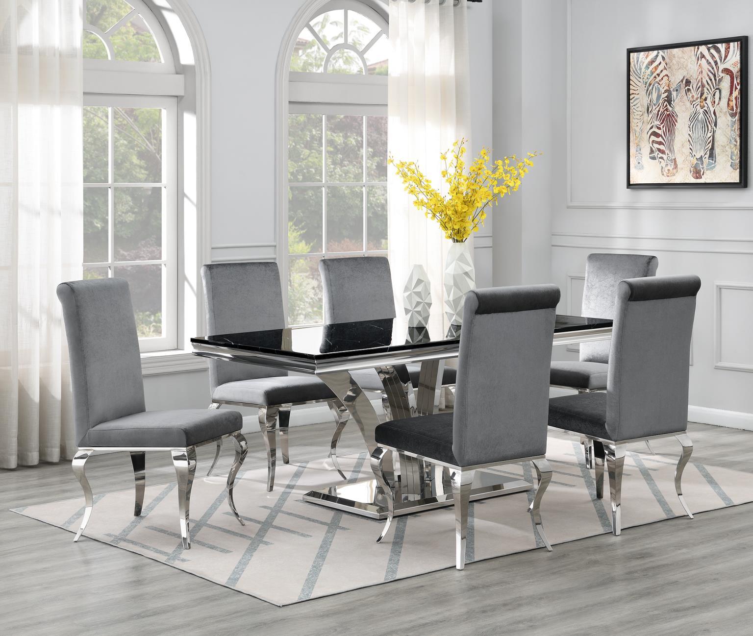 G-083-T-BLACK - 7 Piece Dining Room Set (Marble Table, 6 Velvet Chairs) - Gray