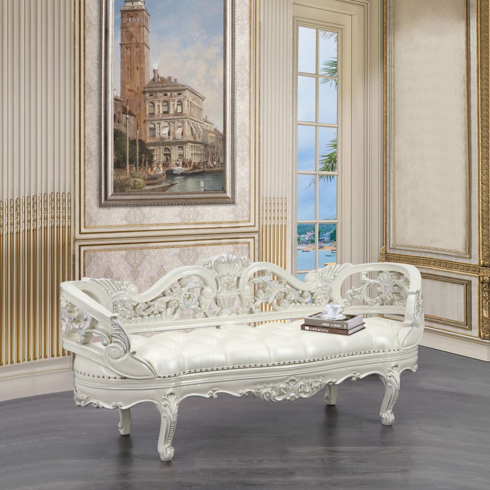 Adara - Bench - Pearl White Synthetic Leather & Antique White, beige