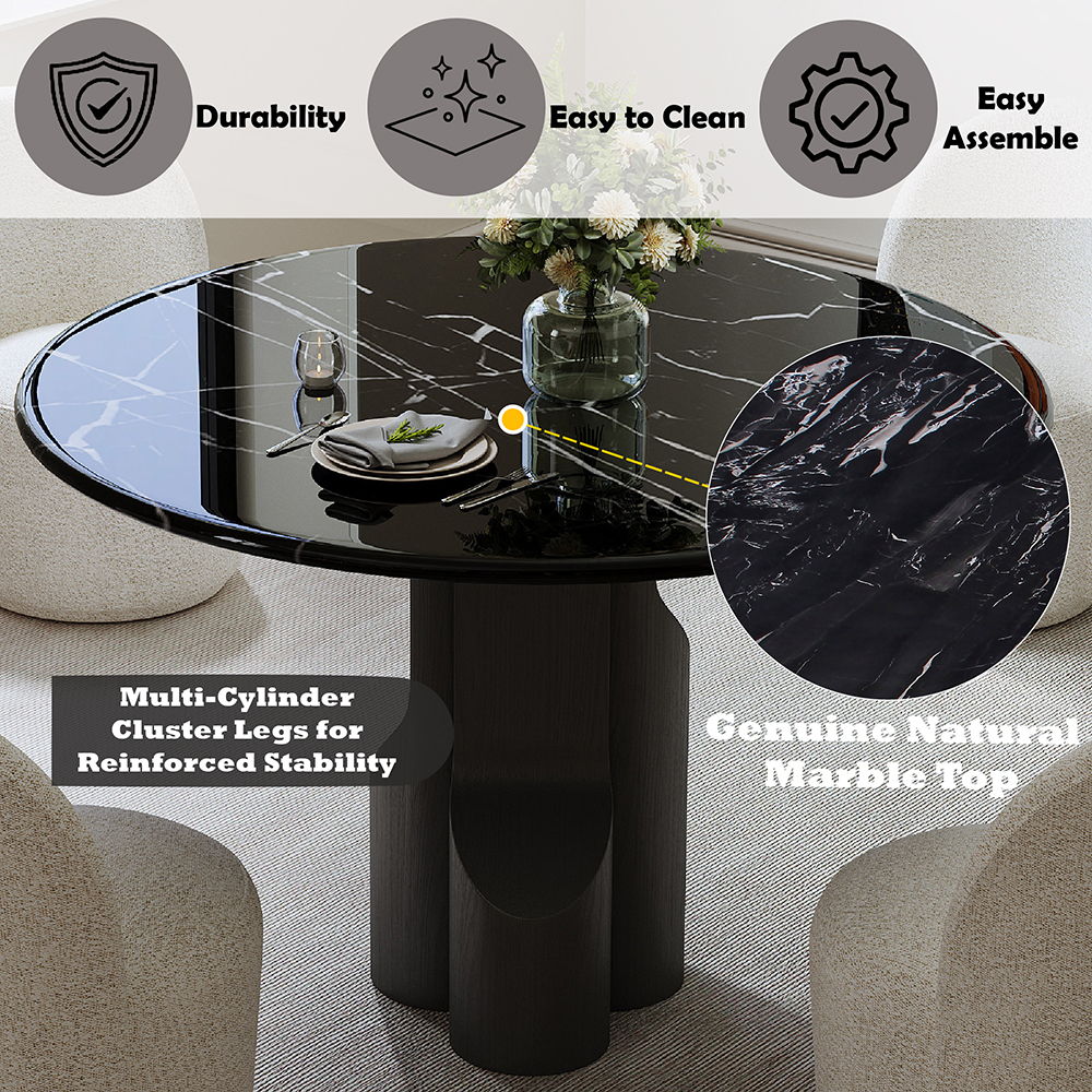 Kinton - Round Dining Table With Natural Marble Top - Black, black, view 6
