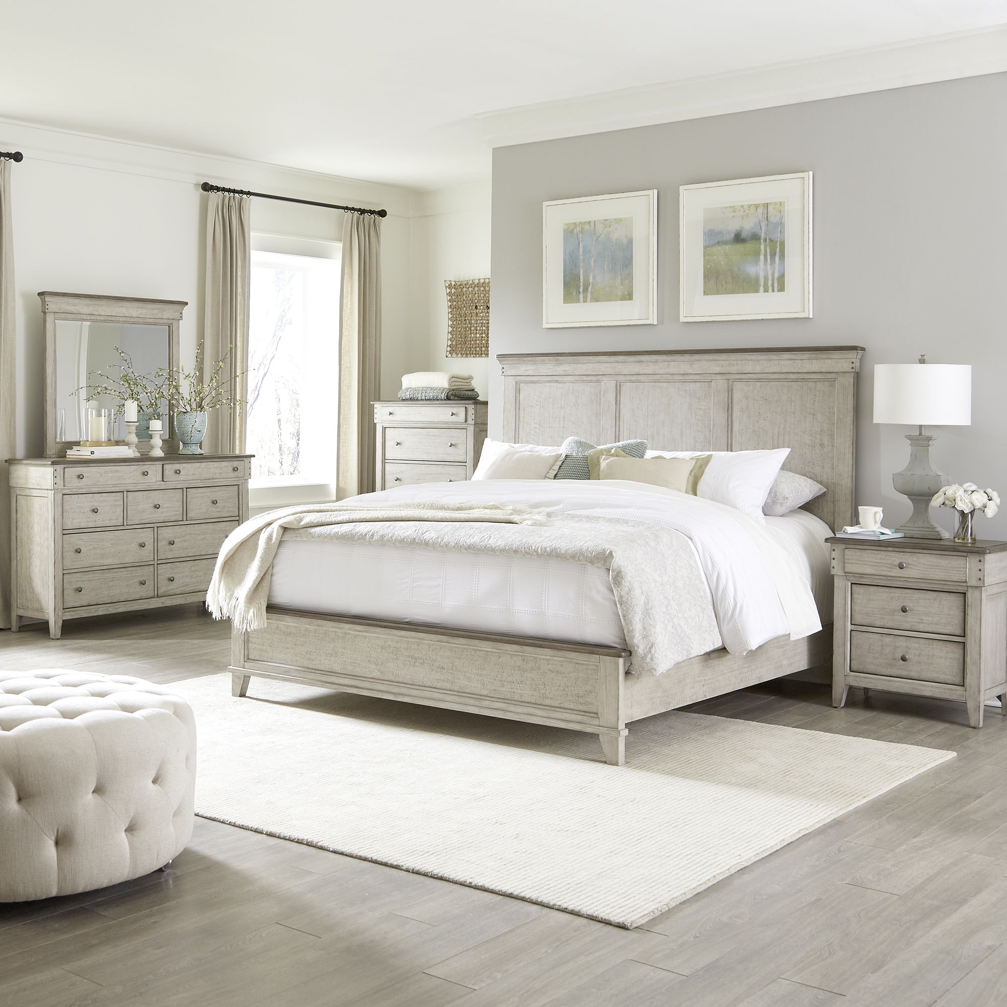 Liberty Furniture Ivy Hollow - 5 Piece Bedroom Set (King Panel Bed, Dresser And Mirror, Chest, Nightstand) - White