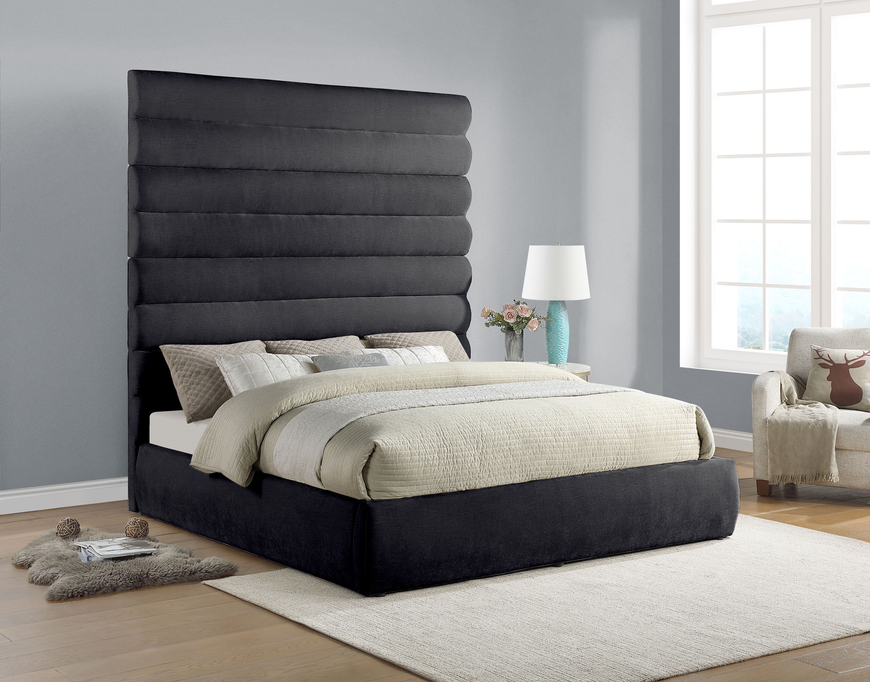 Adam - Chenille Fabric King Bed With 89" Headboard - Black