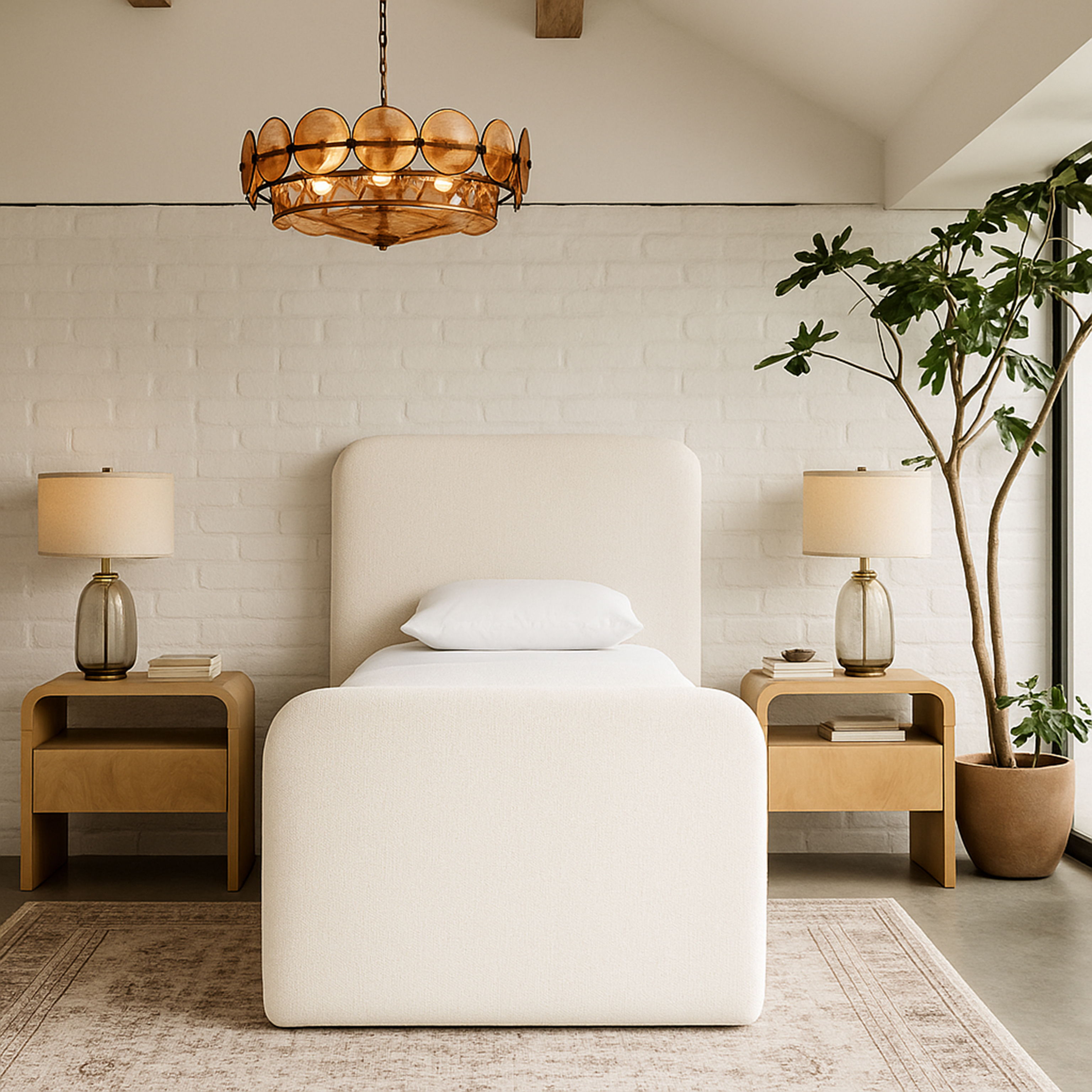 Fira - Linen Textured Fabric Upholstered Twin Bed - Cream