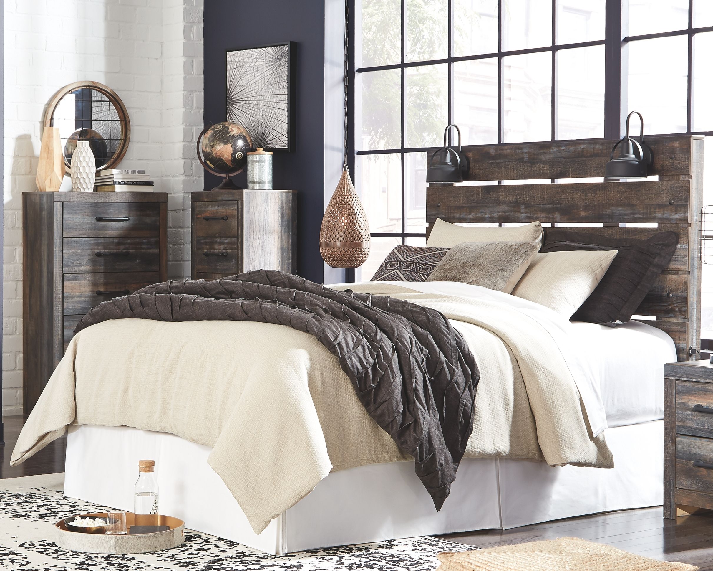 Ashley Furniture Drystan - 5 Pc. - Dresser, Mirror, Chest, Queen Panel Headboard, Nightstand - Brown / Beige - Image 6